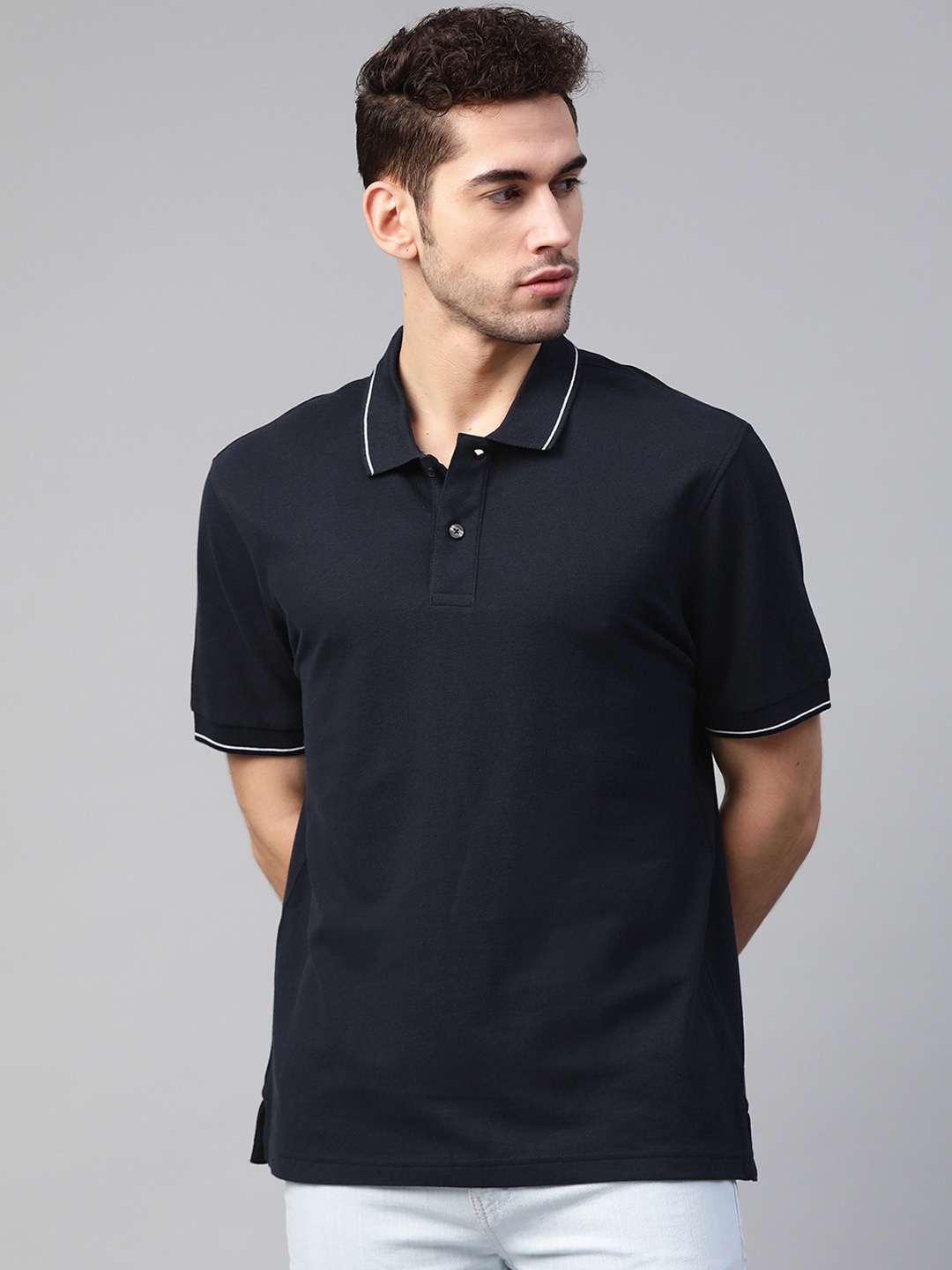 

Marks & Spencer Men Navy Blue Solid Polo Collar T-shirt