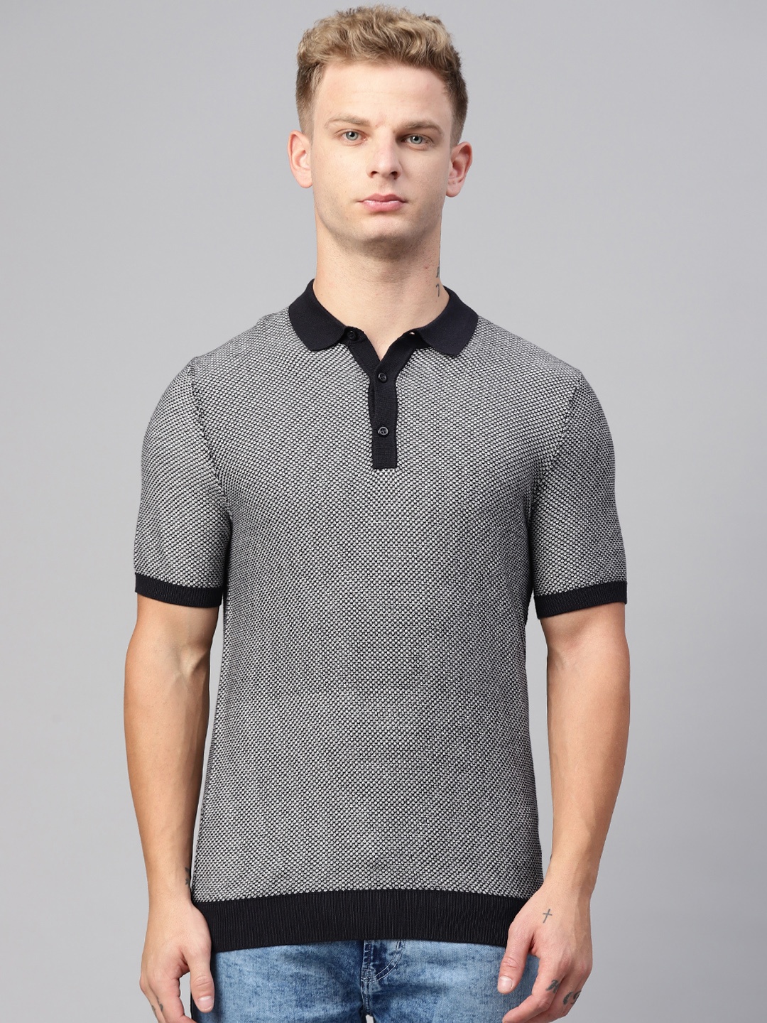 

Marks & Spencer Men Navy Blue & White Self Design Polo Collar T-shirt