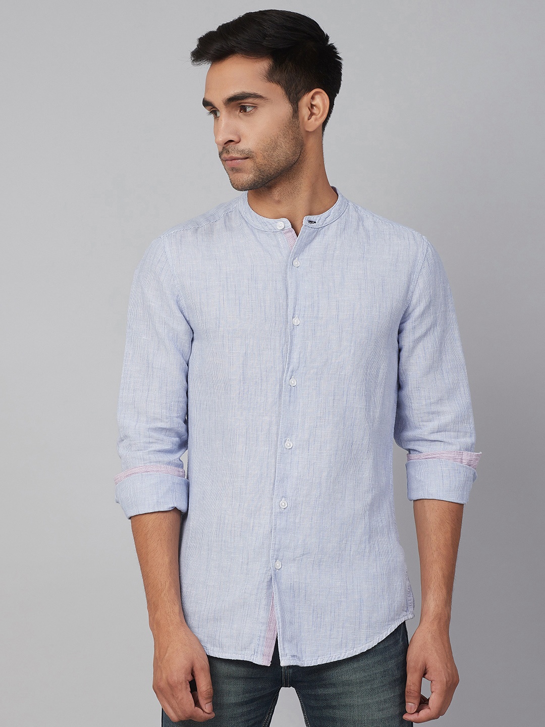 

Marks & Spencer Men Blue & White Slim Fit Self Design Casual Shirt