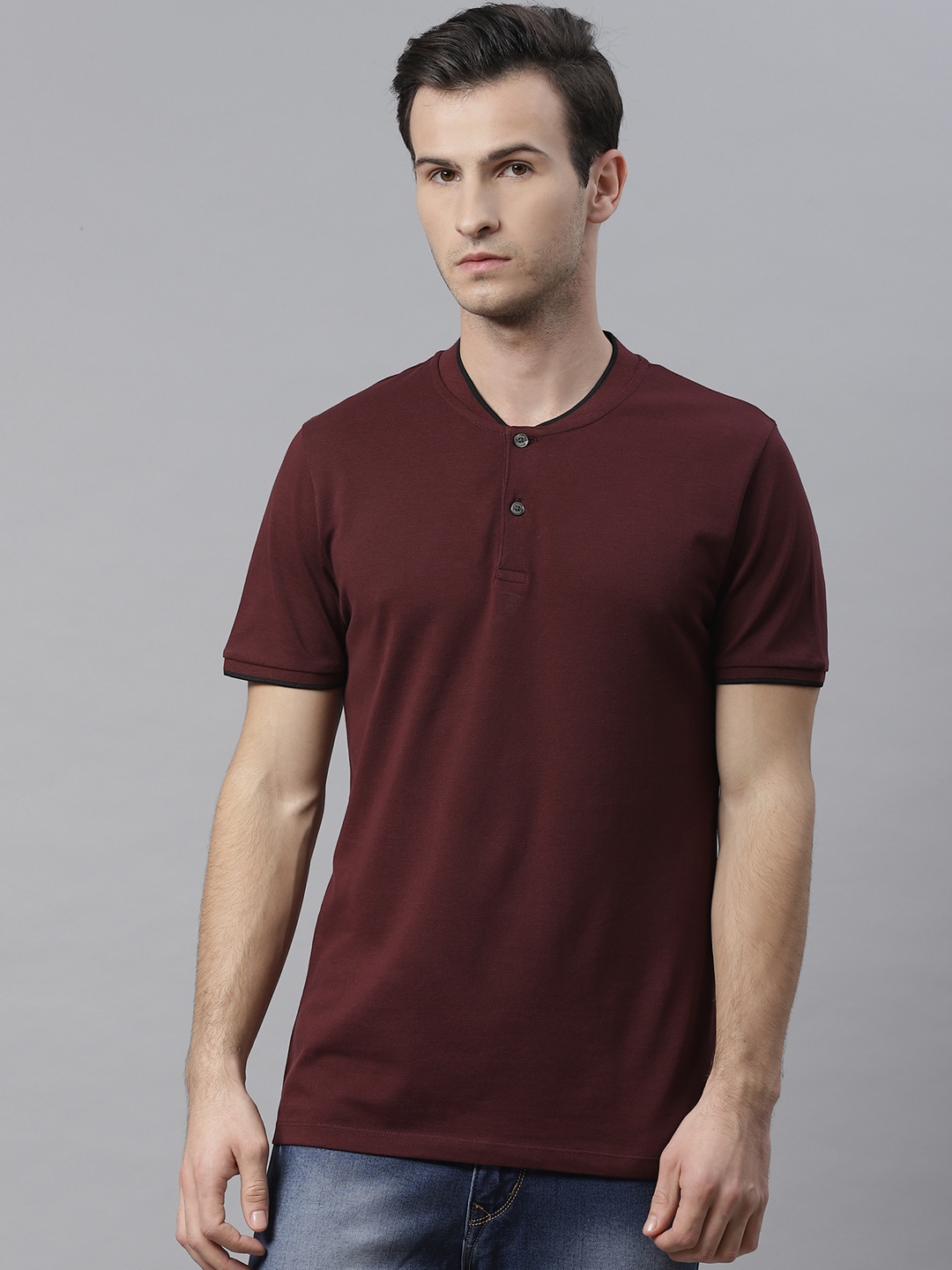 

Marks Spencer Men Burgundy Supima Cotton Solid Henley Neck Pure Cotton T-shirt