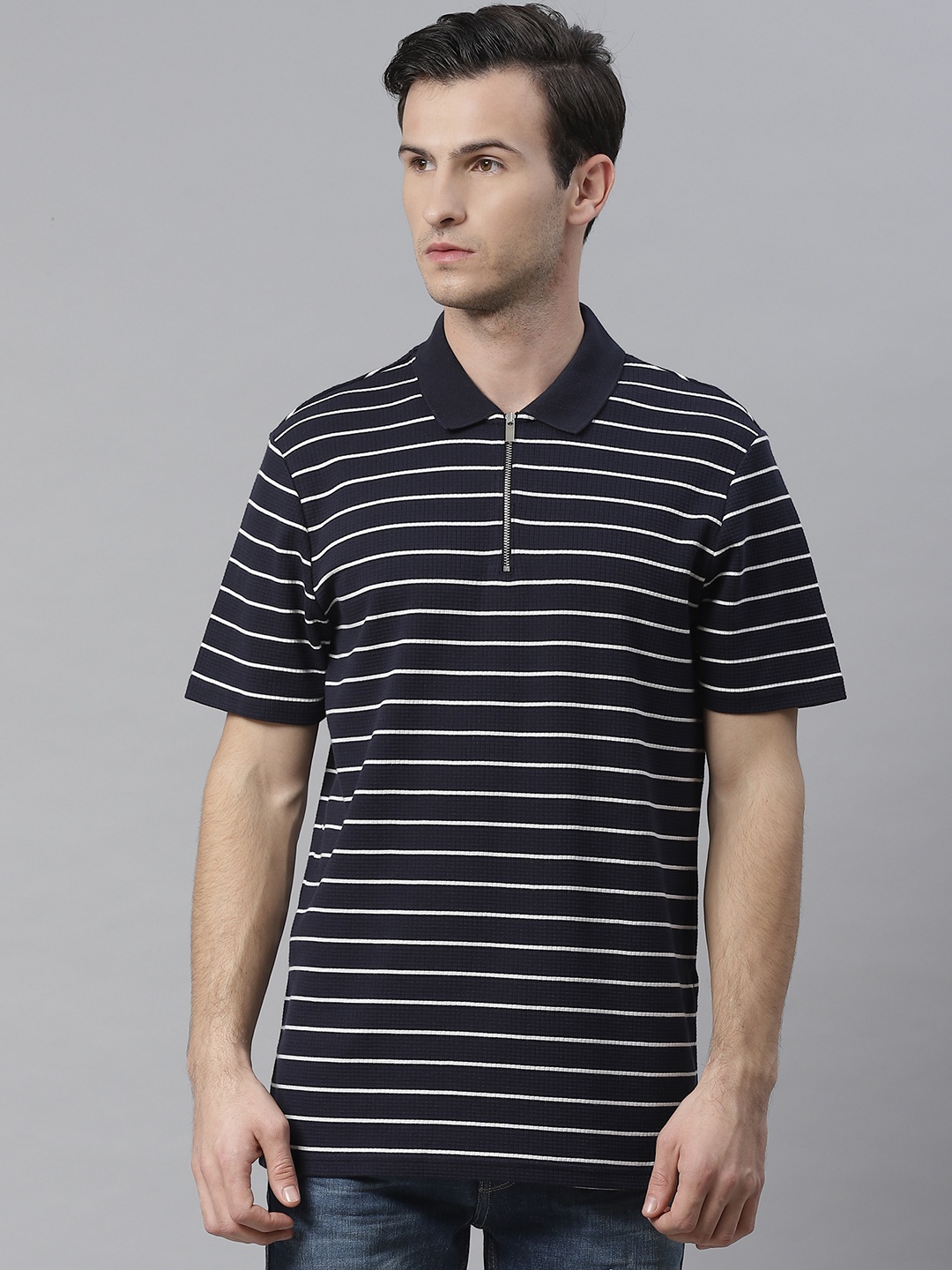 

Marks Spencer Men Navy Blue White Striped Polo Collar Pure Cotton T-shirt