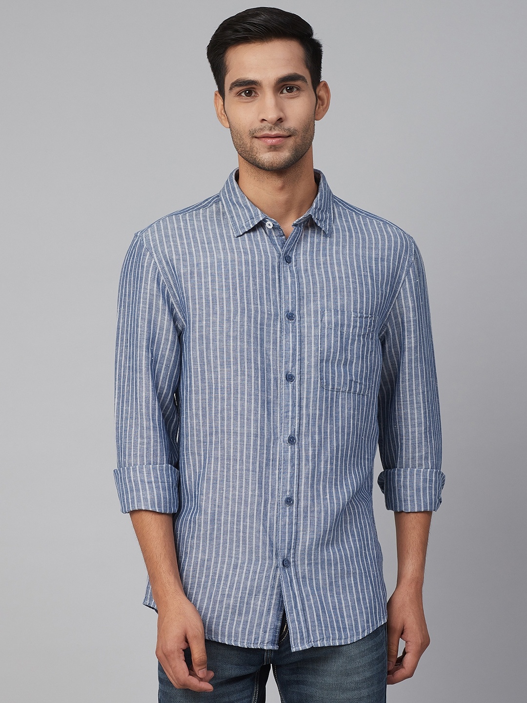 

Marks & Spencer Men Blue & Off-White Relaxed Fit Striped Casual Shirt