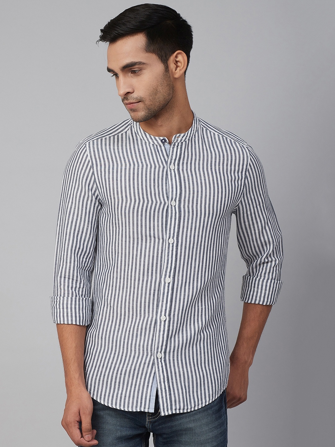 

Marks & Spencer Men White & Grey Slim Fit Striped Casual Shirt