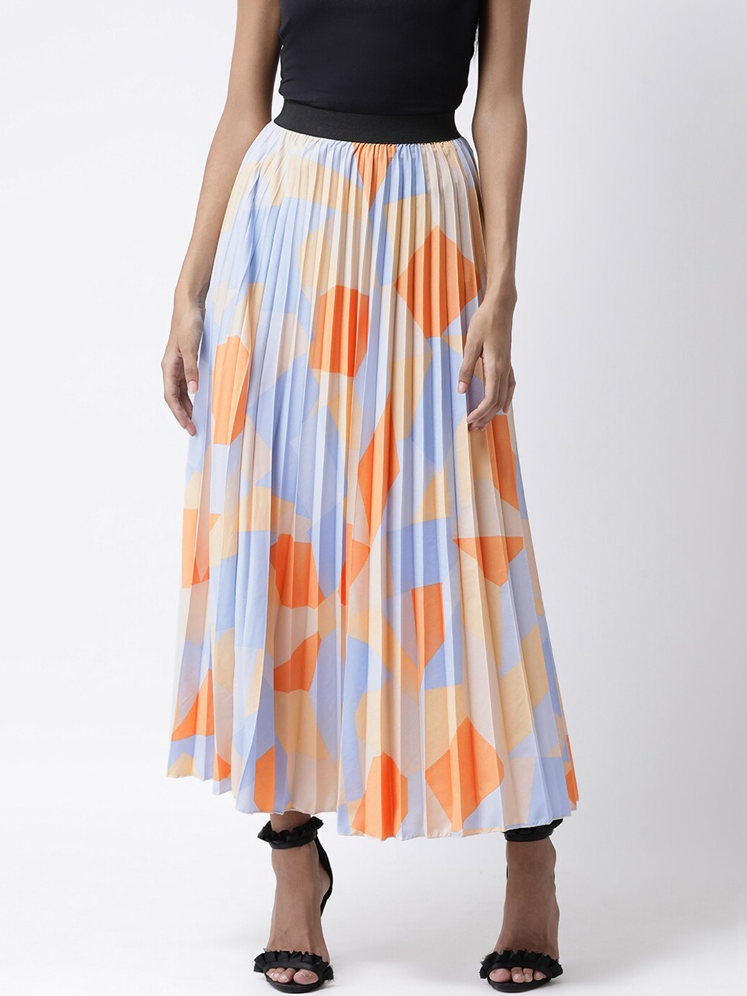 

KASSUALLY Women Blue & Orange Printed Pleated A-Line Maxi Skirt