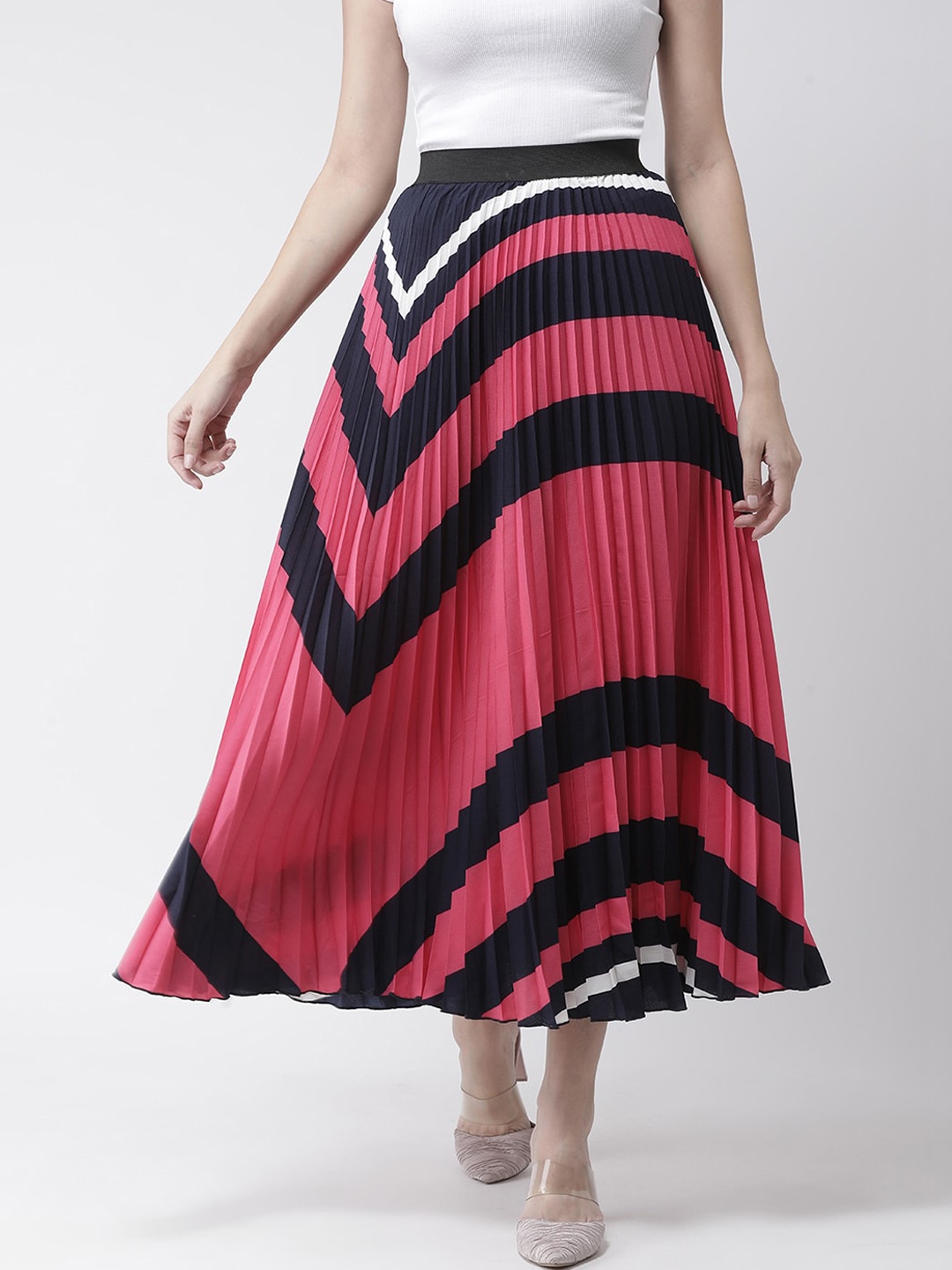 

KASSUALLY Pink & Black Colourblocked Pleated A-Line Skirt