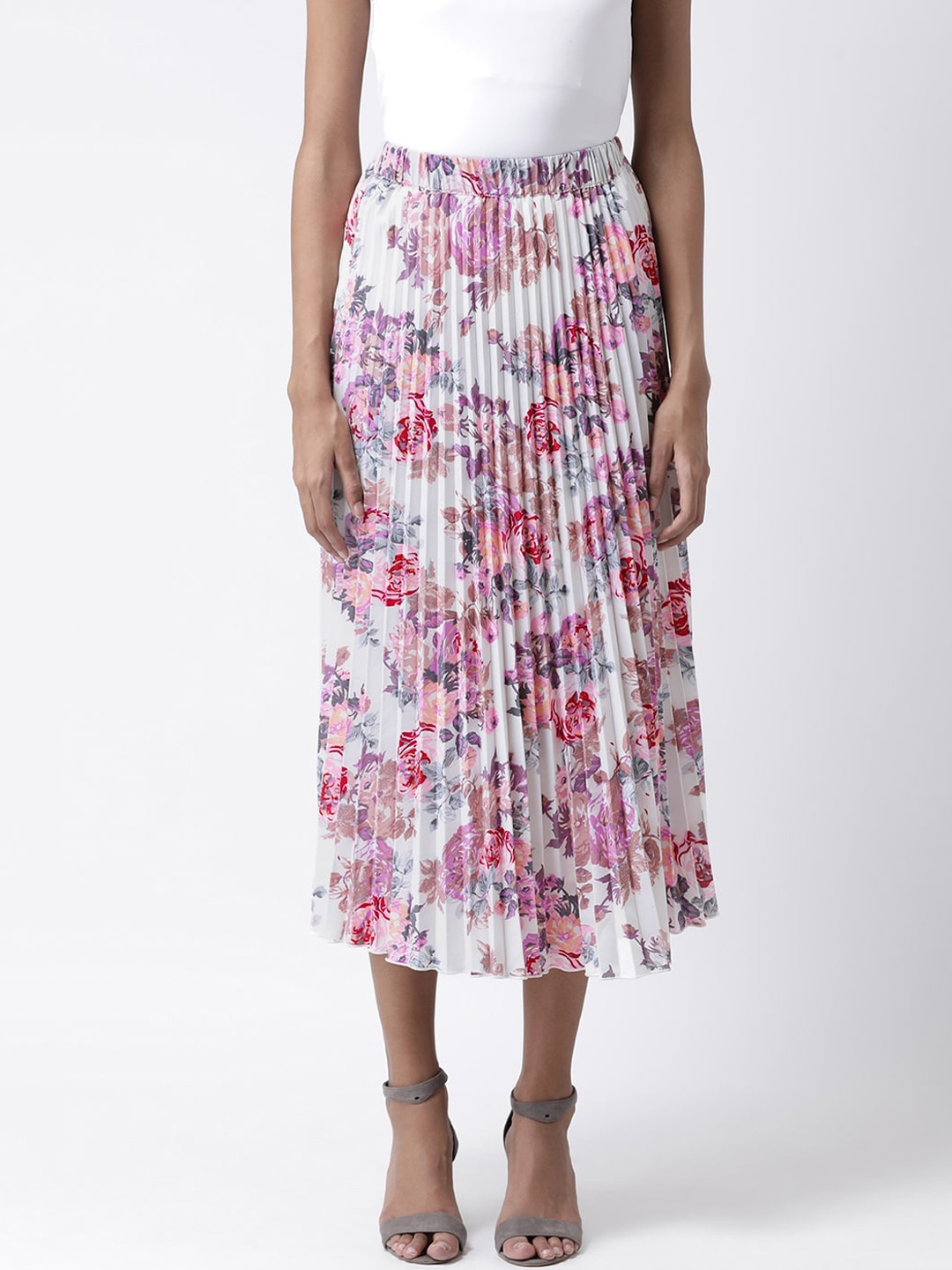 

KASSUALLY Women White & Purple Printed Pleated A-Line Midi Skirt