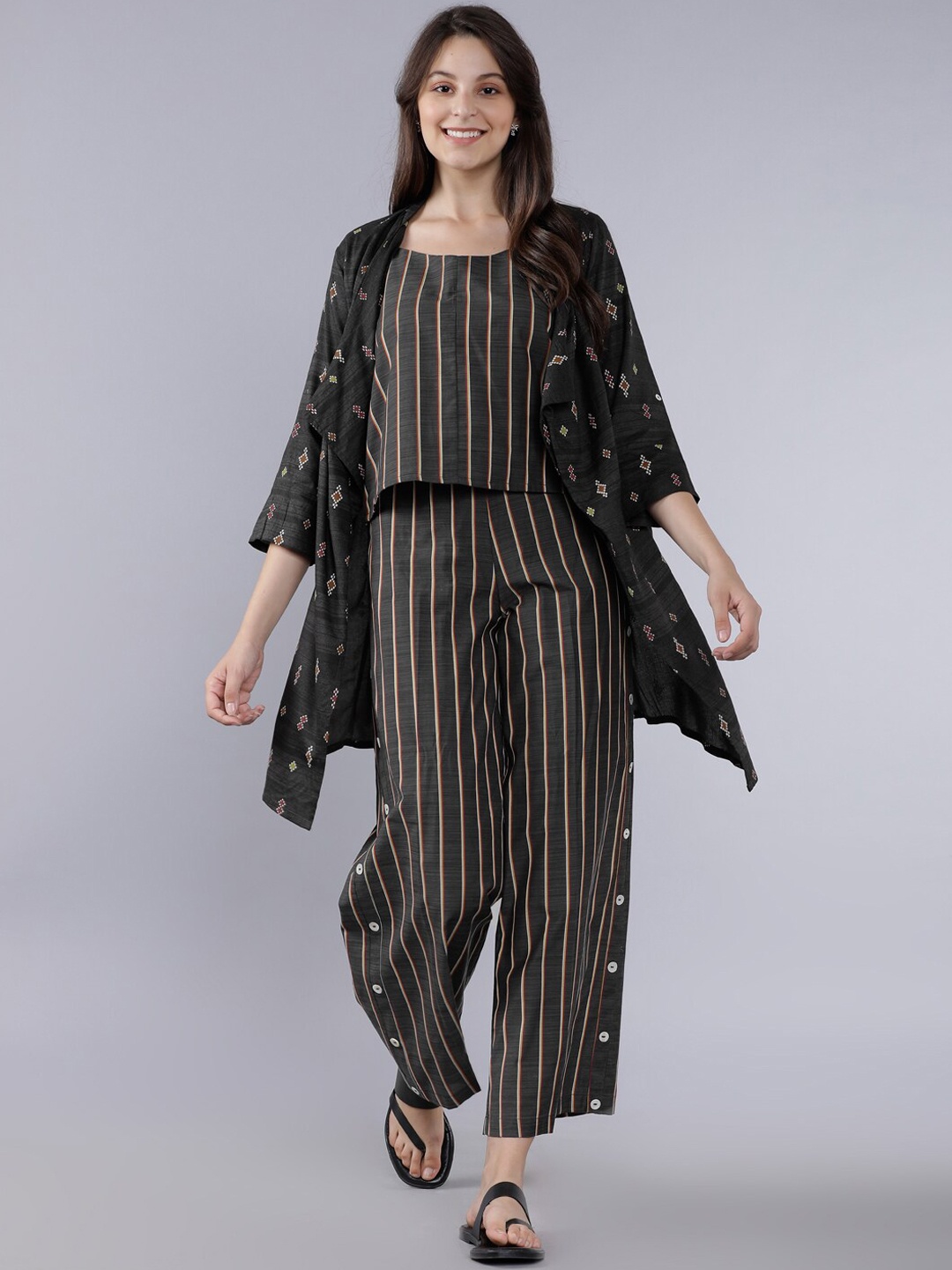 

Vishudh Women Grey Striped Basic Jumpsuit