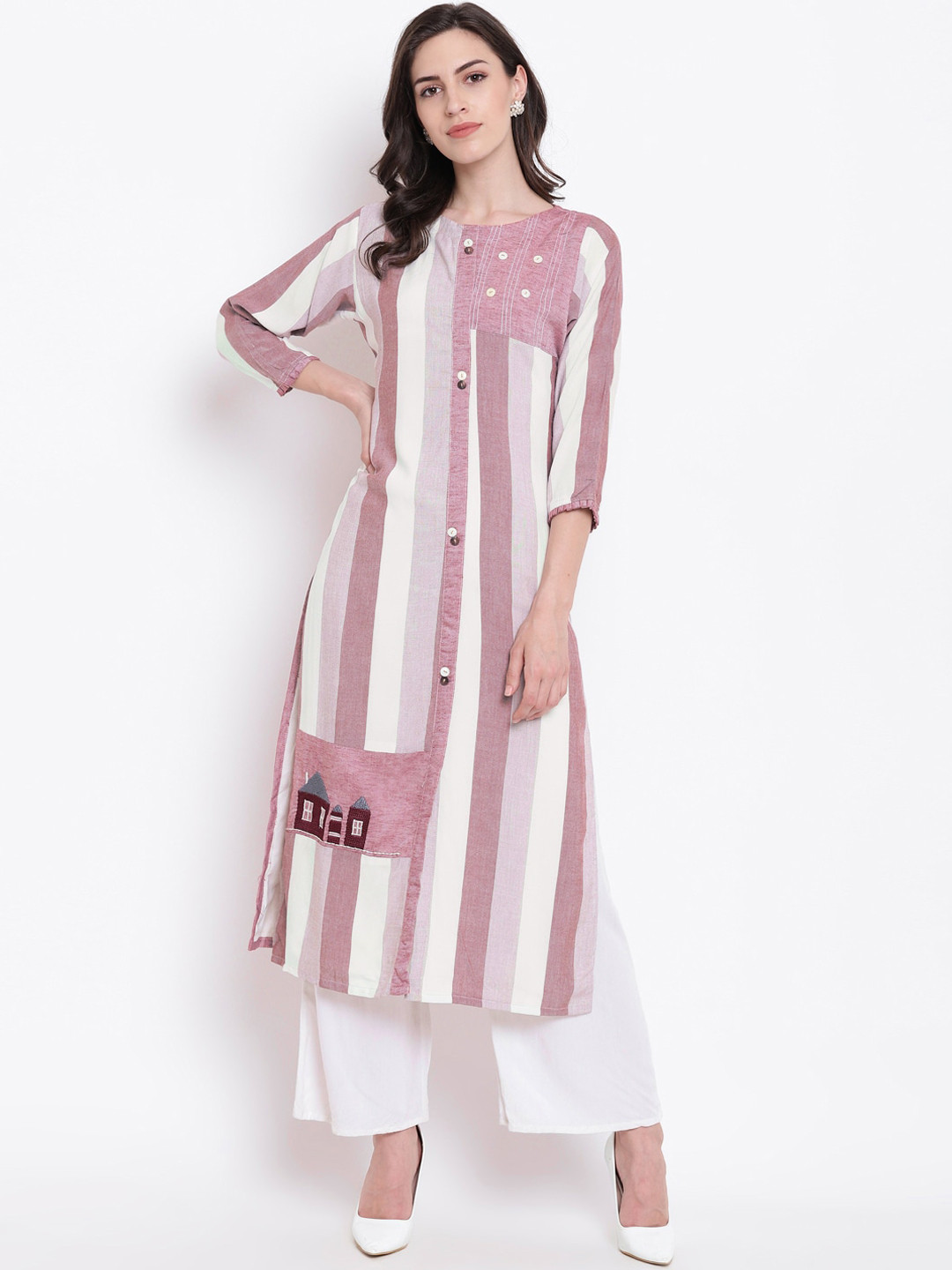 

Kvsfab Women Burgundy & White Striped Straight Kurta