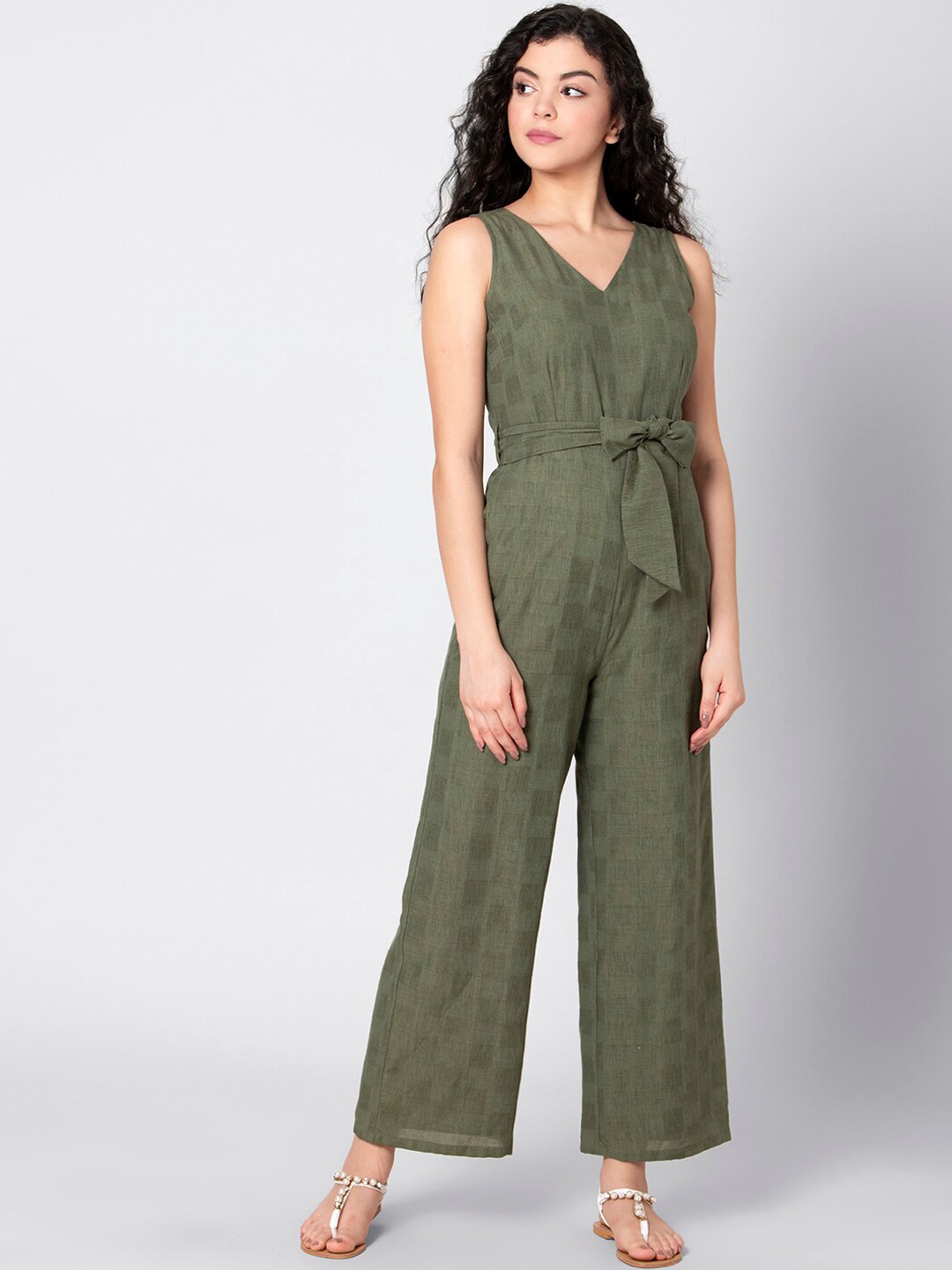 

FabAlley Women Olive Green Self Design Basic Jumpsuit