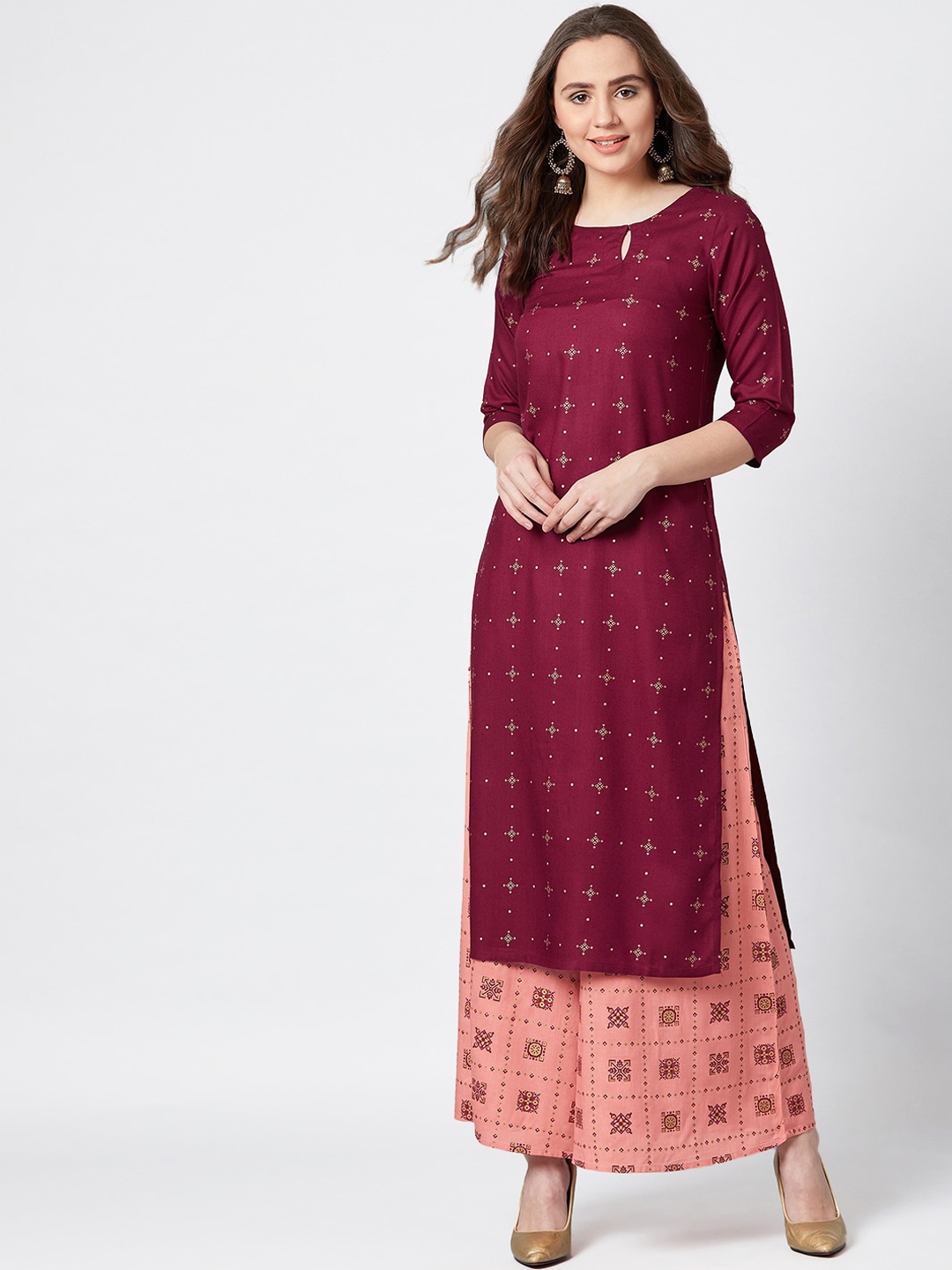 

PANIT Women Maroon & Peach-Coloured Printed Kurta with Palazzos