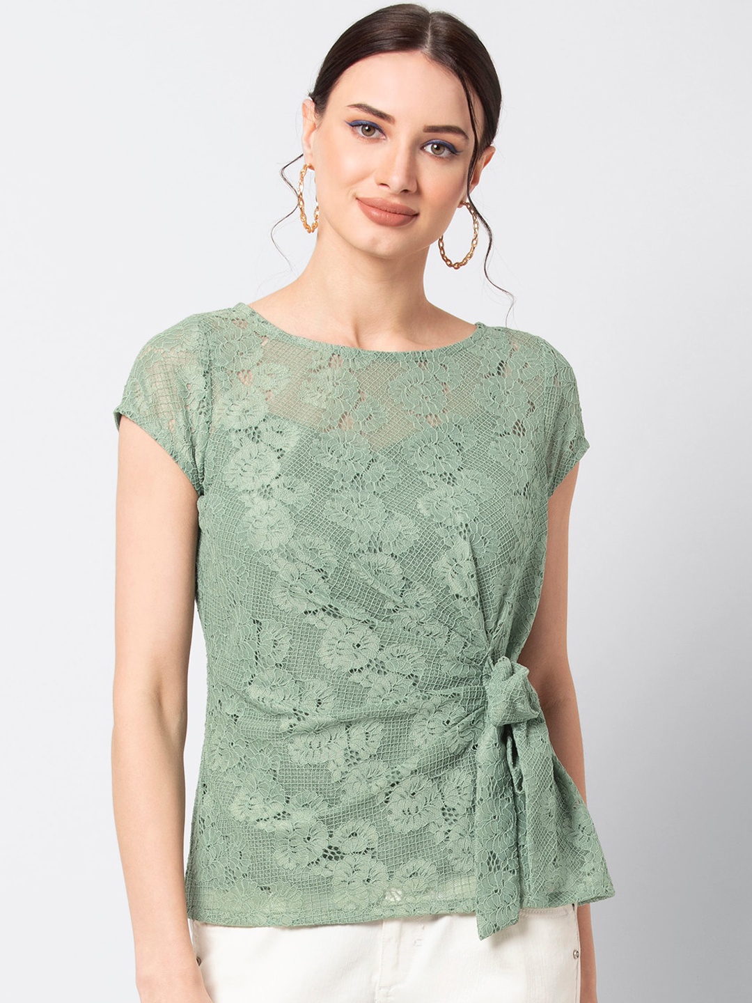 

FabAlley Women Sea Green Self Design Top with Tie Up Detail