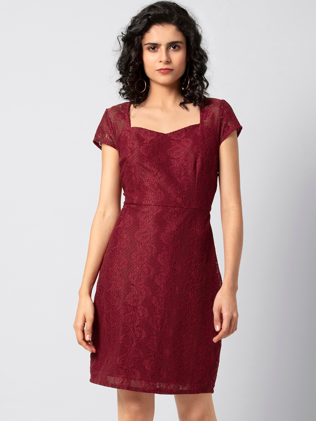 

FabAlley Women Burgundy Self Design Floral Lace Sheath Dress