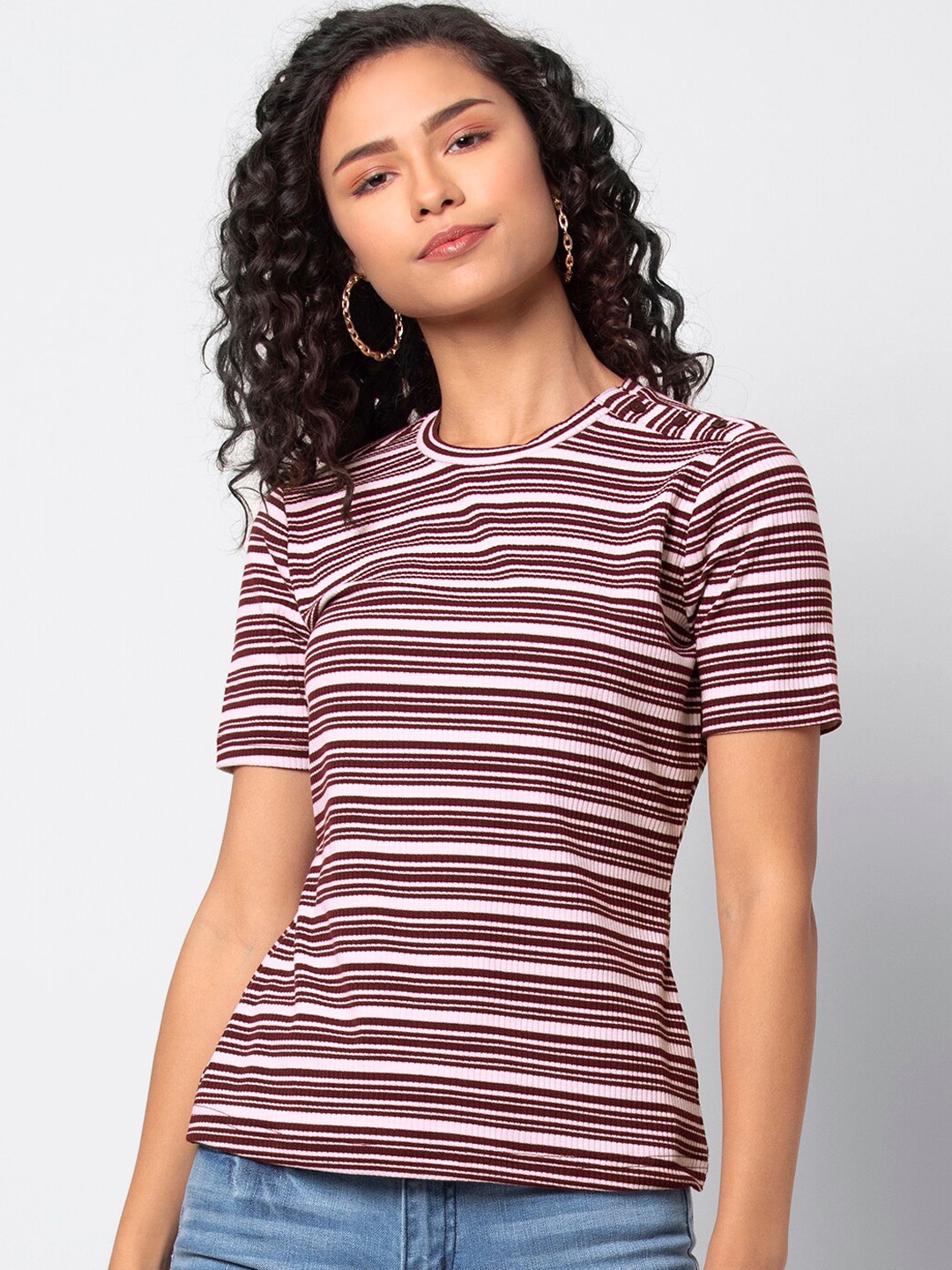 

FabAlley Women Burgundy & White Striped Top