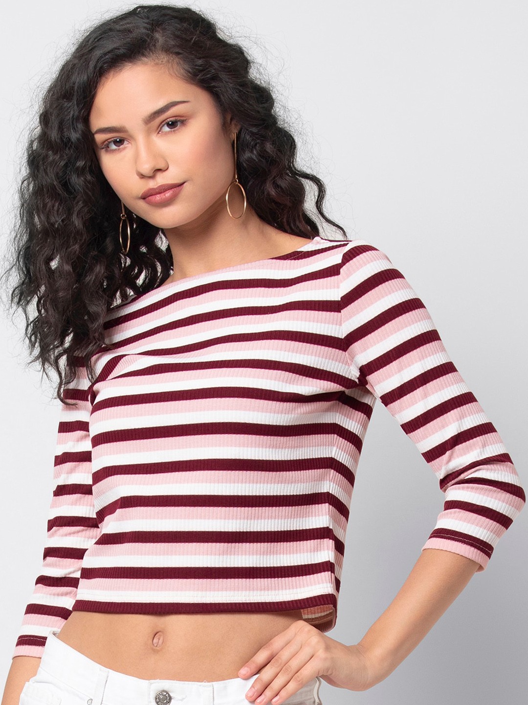 

FabAlley Women Burgundy & Pink Striped Top