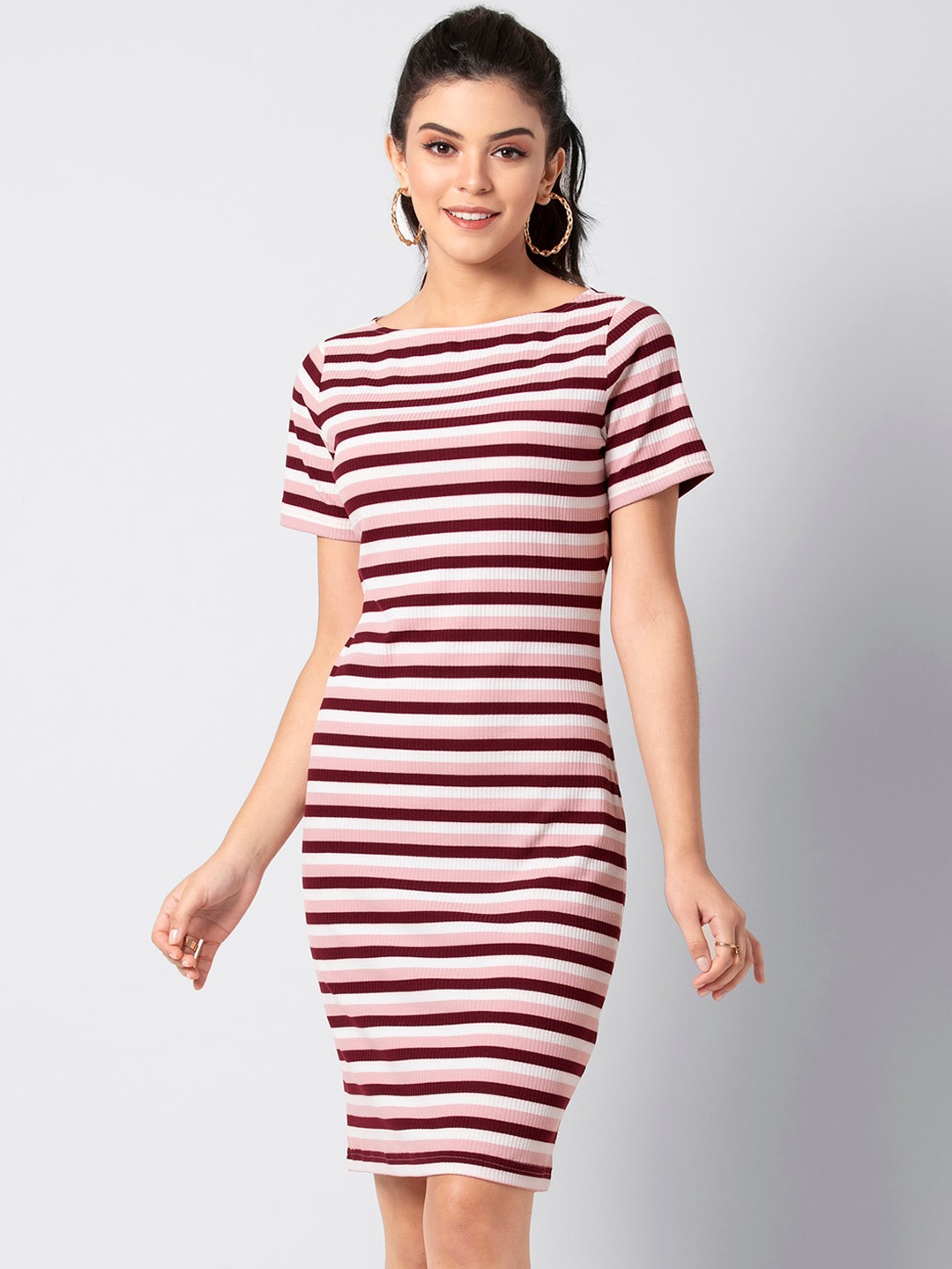 

FabAlley Women Maroon & White Striped Sheath Dress