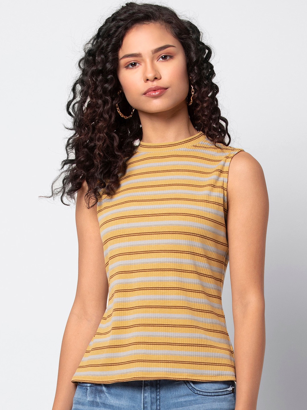 

FabAlley Women Mustard Yellow & Brown Striped Top