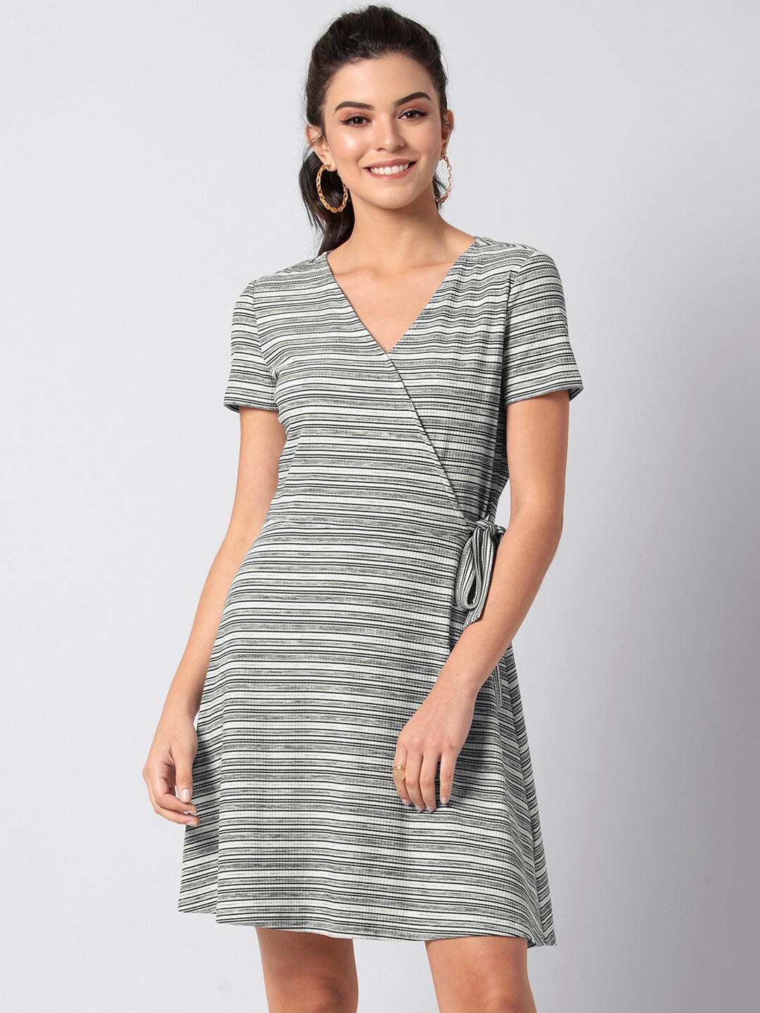 

FabAlley Women Grey & White Striped Wrap Dress