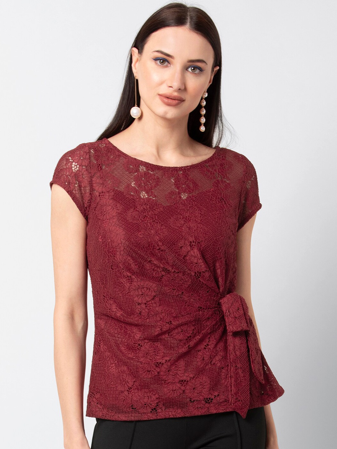 

FabAlley Women Maroon Self Design Top