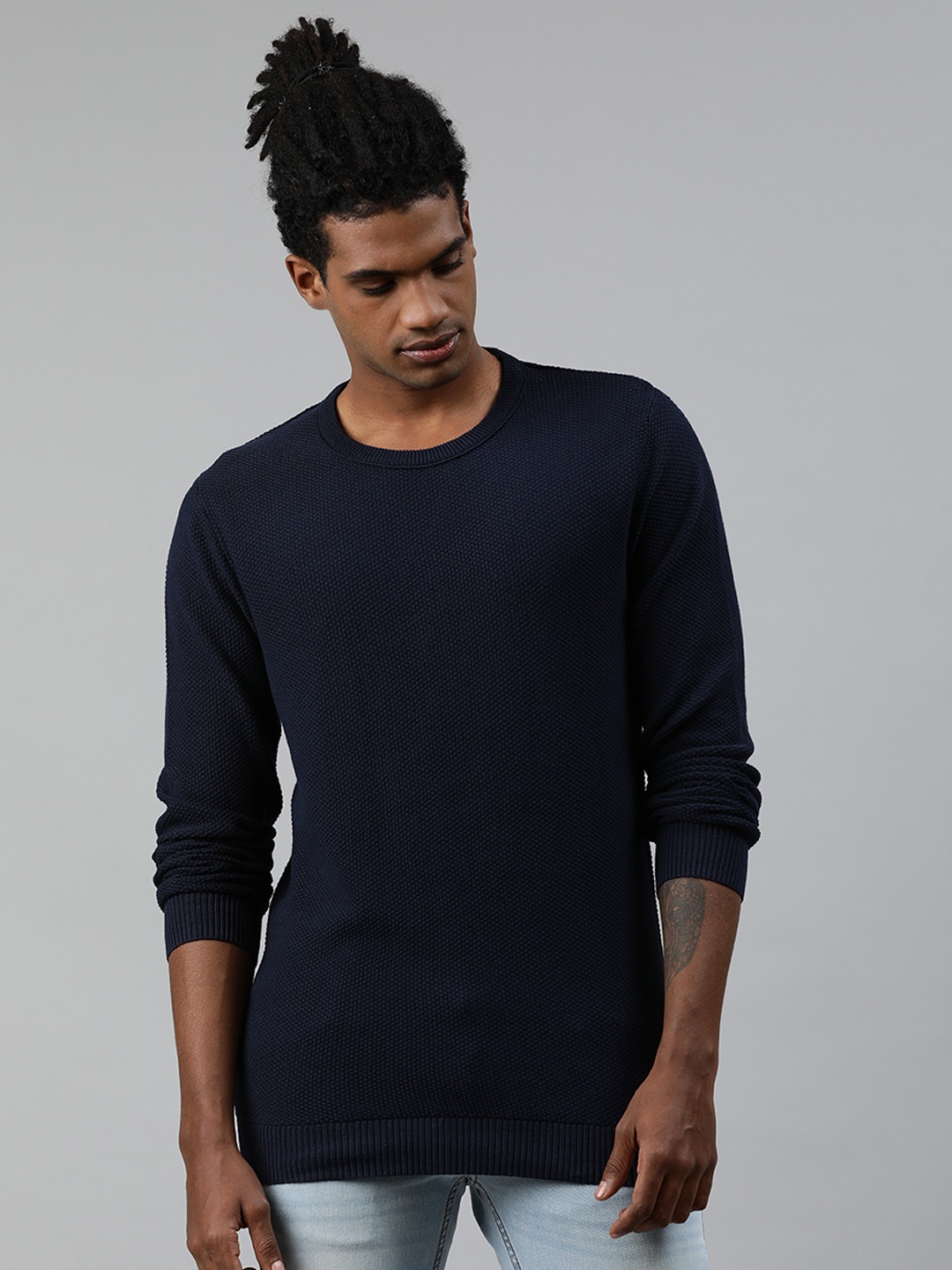 

Jack & Jones Men Navy Blue Self Design Pullover Sweater