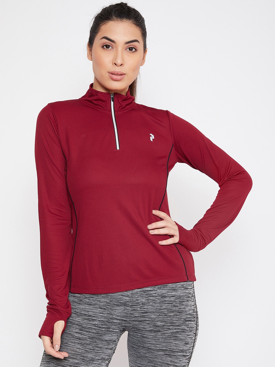 

PERFKT-U Women Maroon Solid High Neck T-shirt