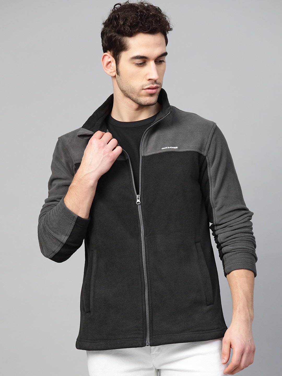 

Jack & Jones Men Black & Charcoal Grey Colourblocked Fleece Tailored Jacket
