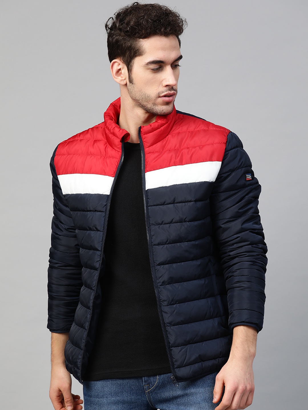 

Jack & Jones Men Navy Blue & Red Colourblocked Padded Jacket