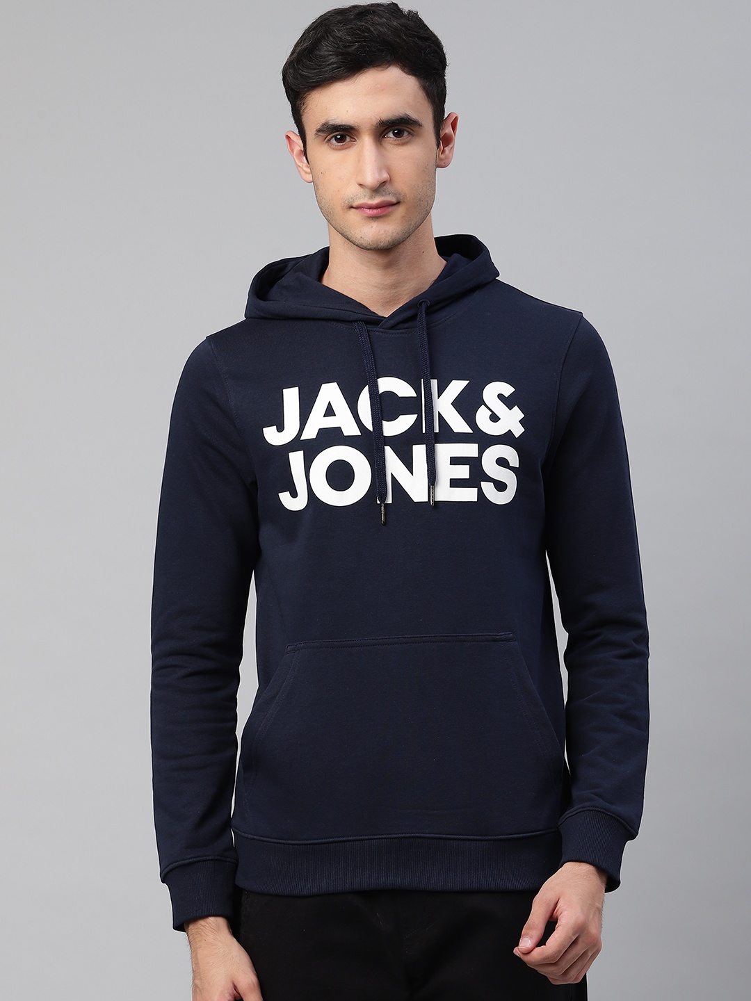 

Jack & Jones Men Navy Blue Brand Logo Printed Hooded Sweatshirt