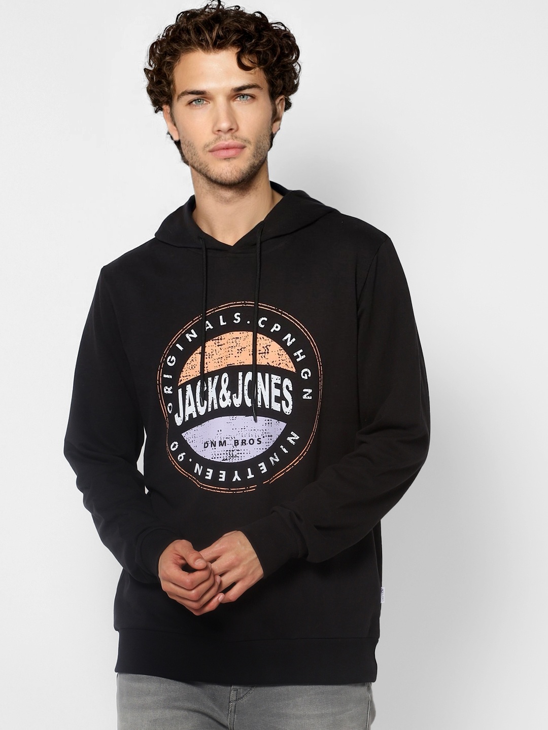 

Jack & Jones Men Black & White Printed Hooded Sweatshirt