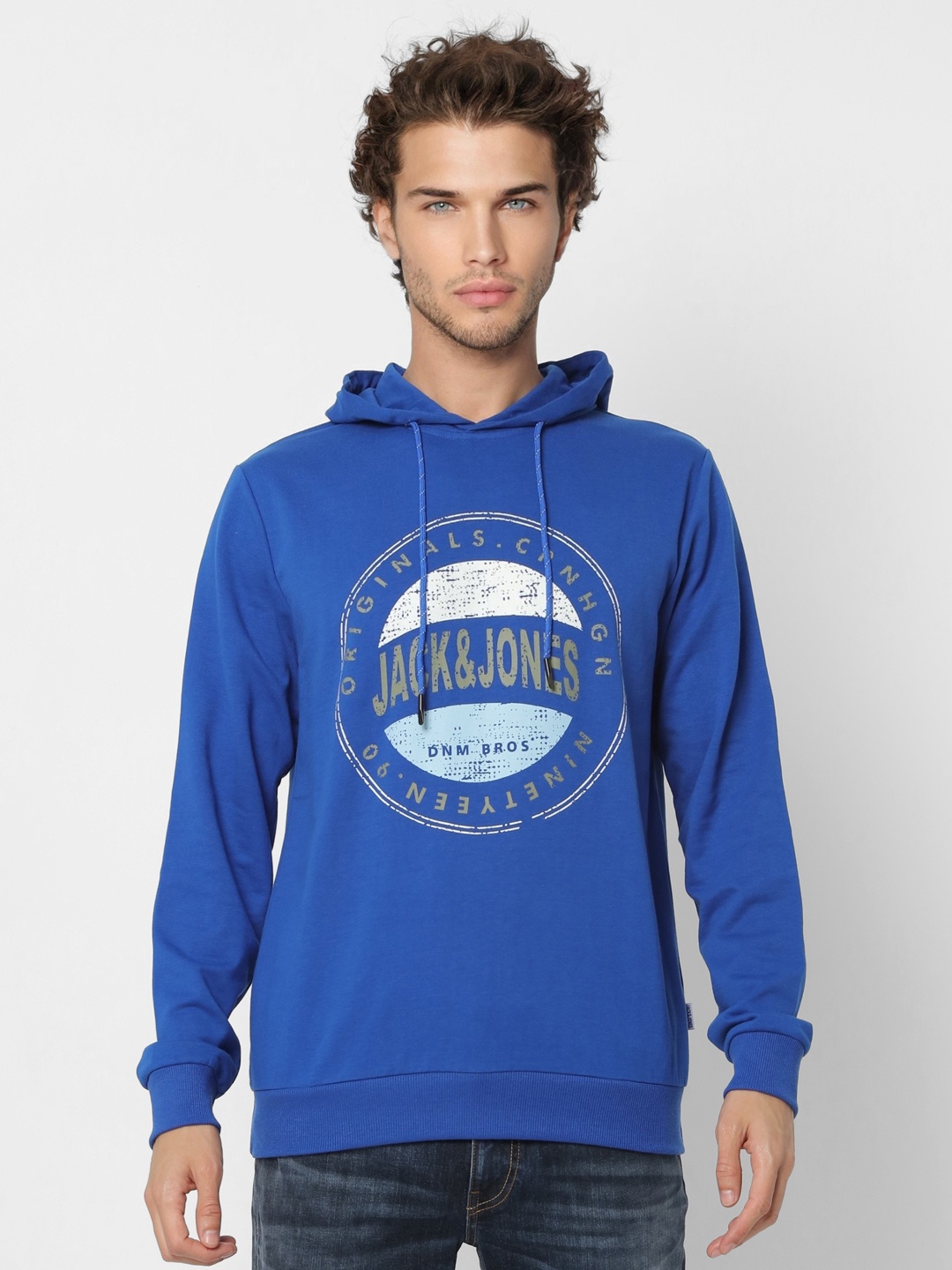 

Jack & Jones Men Blue & White Printed Hooded Sweatshirt