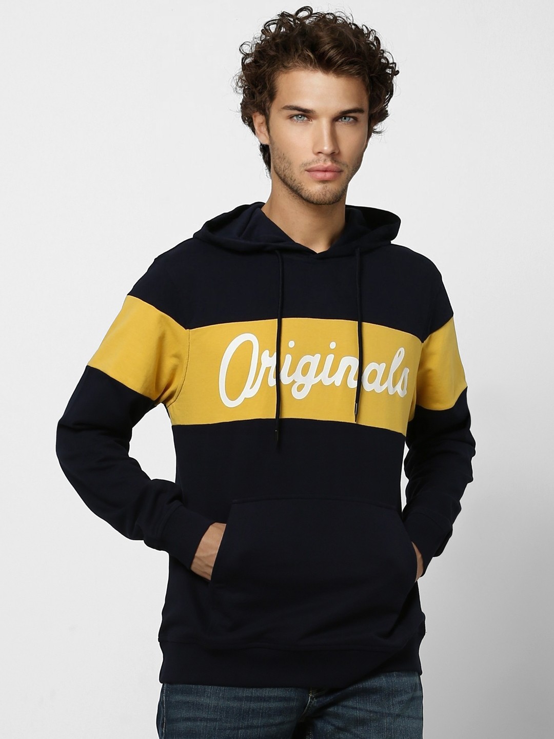 

Jack & Jones Men Navy Blue & Yellow Printed Hooded Sweatshirt