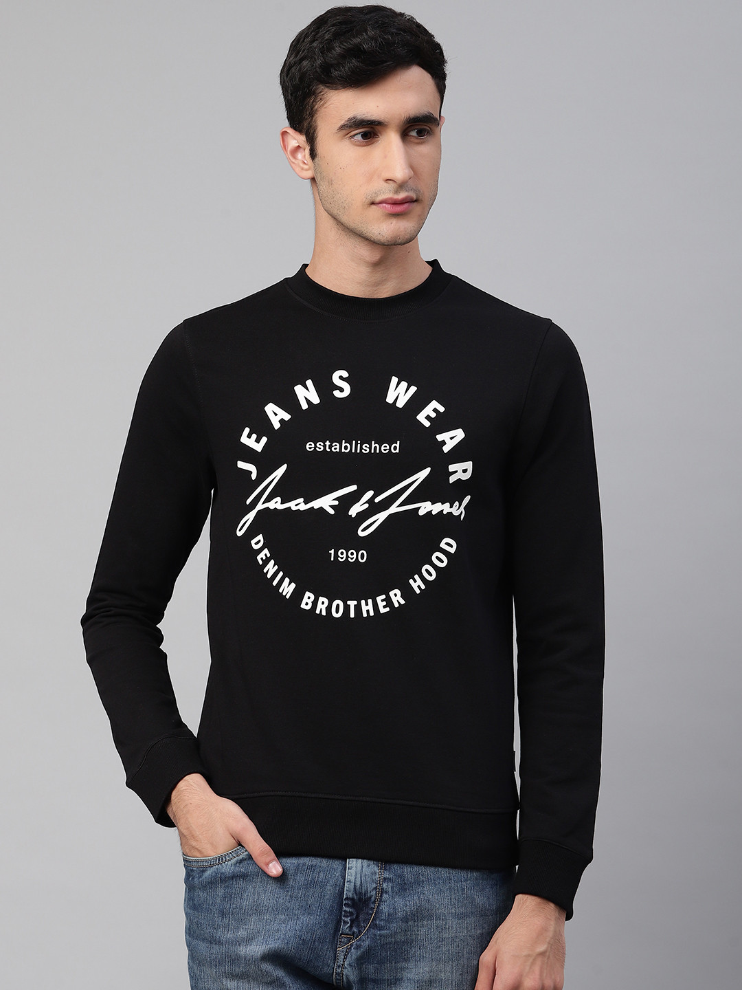 

Jack & Jones Men Black & White Slim Fit Brand Logo Print Sweatshirt