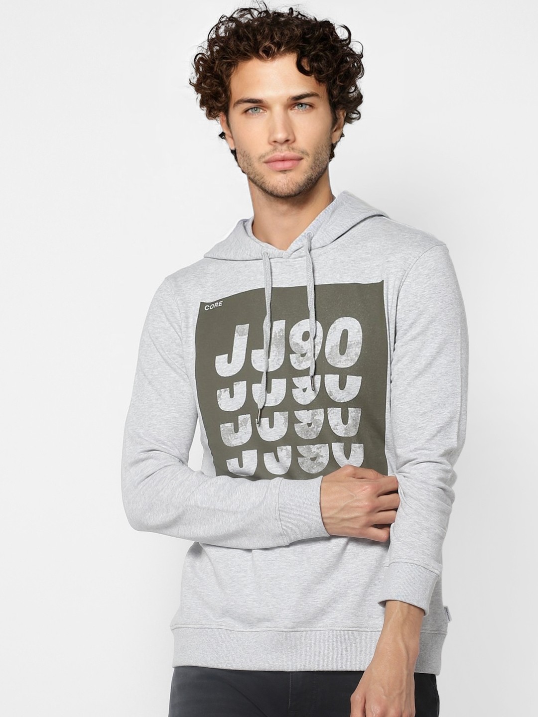 

Jack & Jones Men Grey Melange & Olive Green Printed Hooded Sweatshirt