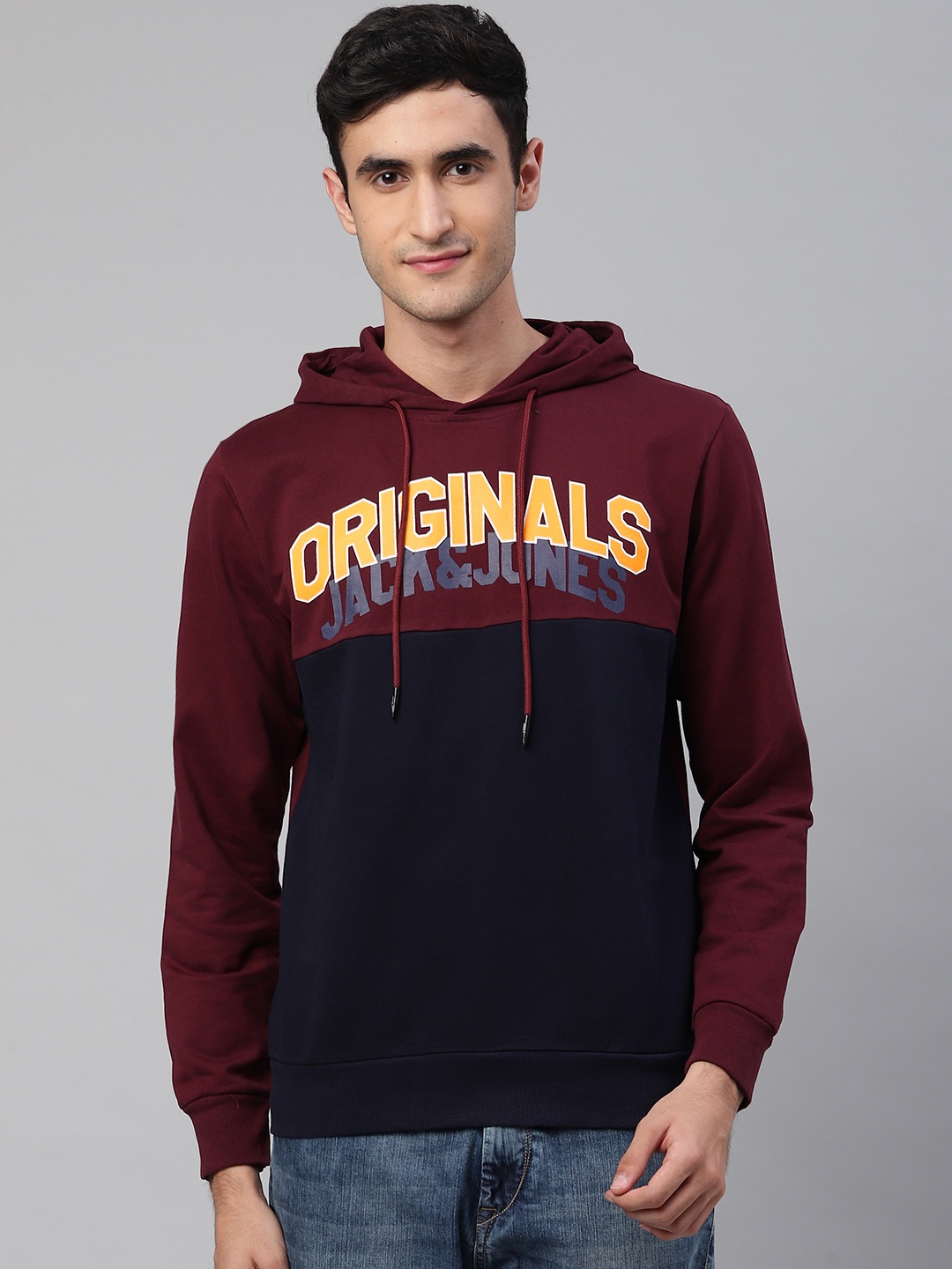 

Jack & Jones Men Burgundy & Navy Blue Brand Logo Print Hooded Sweatshirt