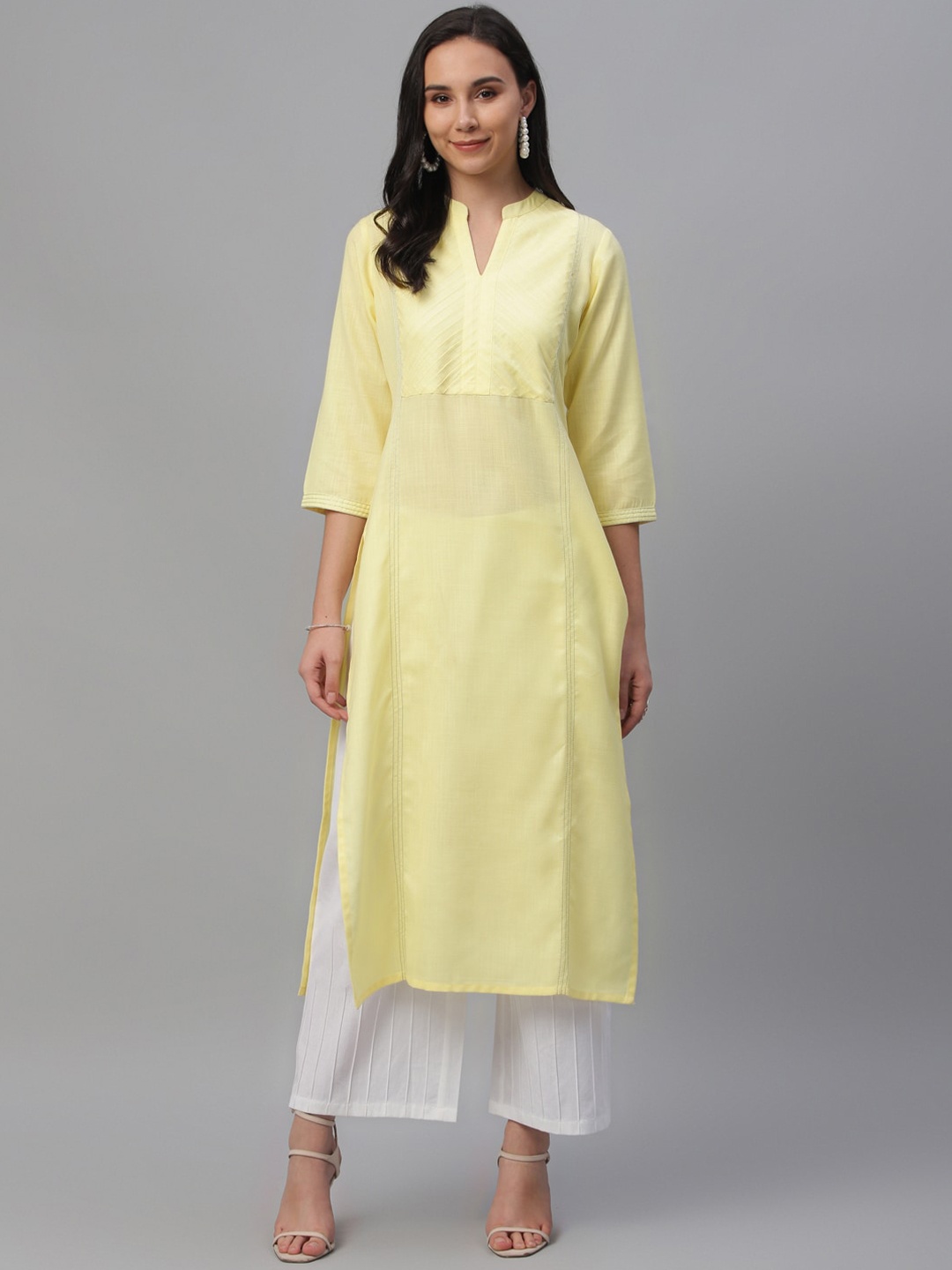 

Libas Women Yellow Yoke Design Straight Kurta