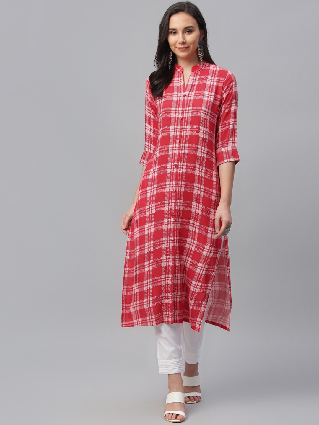 

Libas Women Red Checked Straight Kurta
