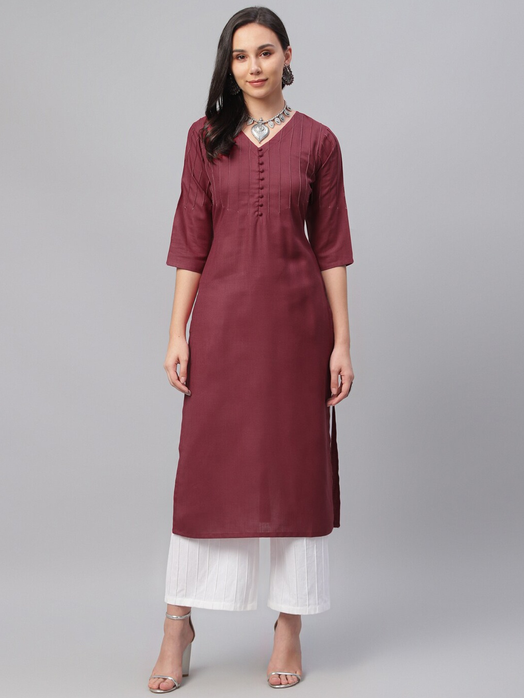 

Libas Women Maroon Yoke Design Straight Kurta