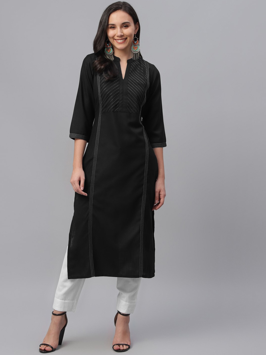 

Libas Women Black & Silver-Coloured Embroidered Straight Kurta