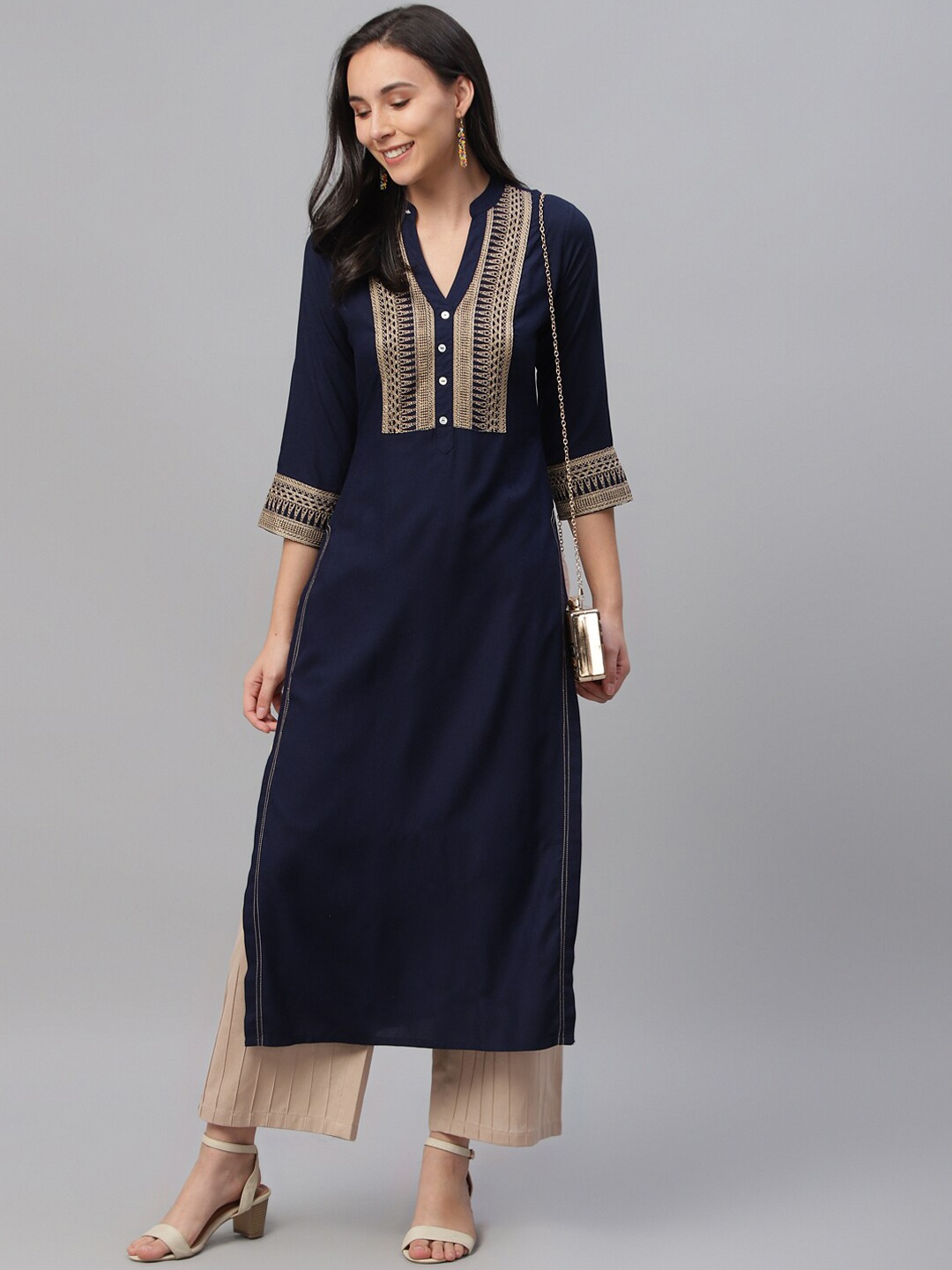 

Libas Women Blue & Beige Embroidered Straight Kurta