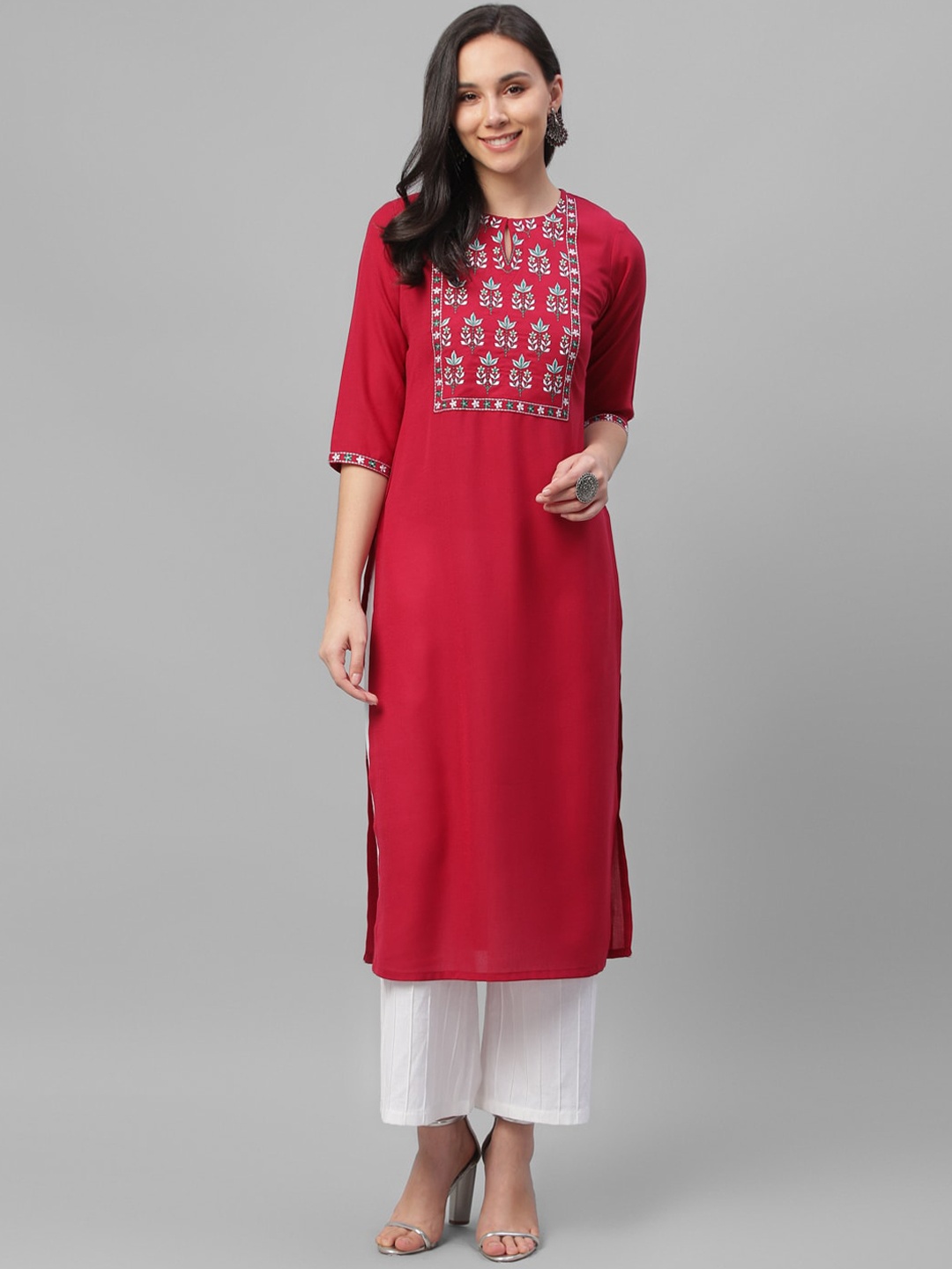 

Libas Women Maroon & White Embroidered Straight Kurta