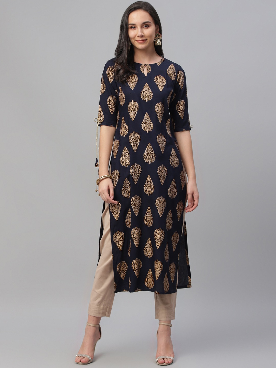 

Libas Women Navy Blue & Gold-Toned Printed Straight Kurta