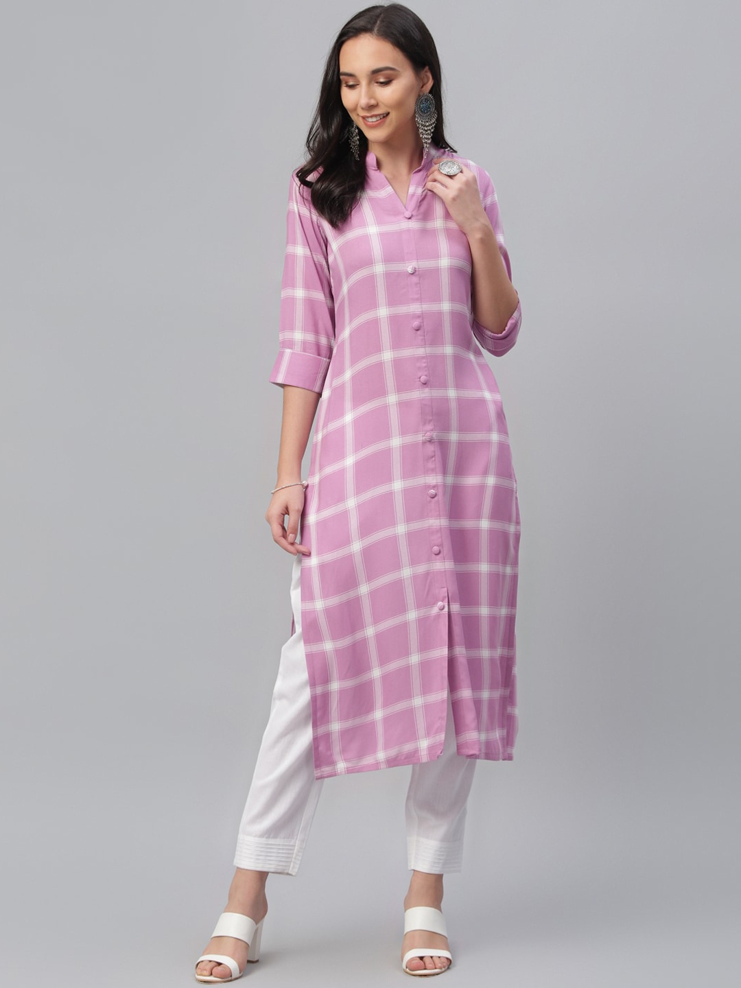 

Libas Women Pink & White Checked Pathani Kurta