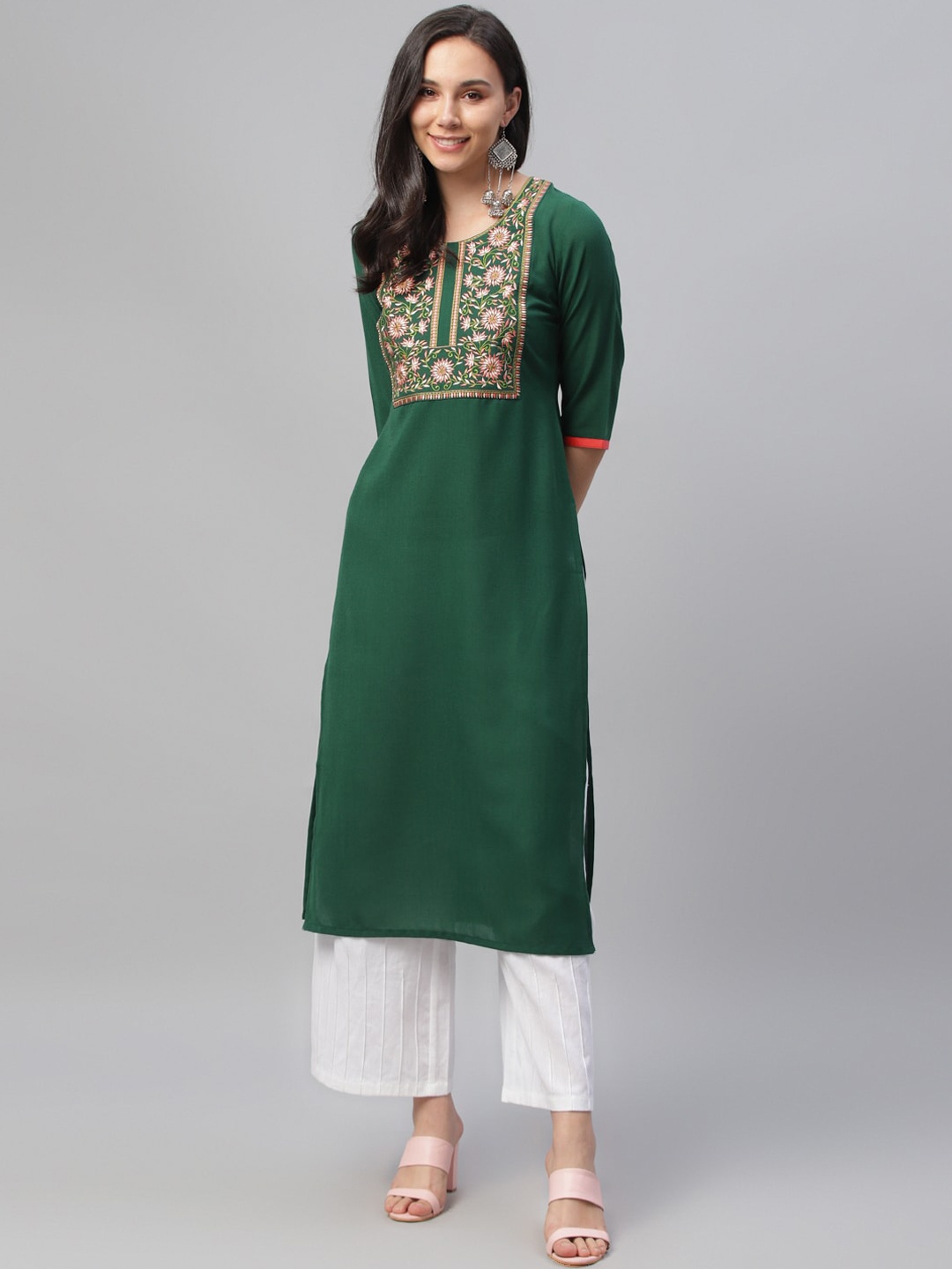 

Libas Women Green & Pink Embroidered Yoke Design Straight Kurta