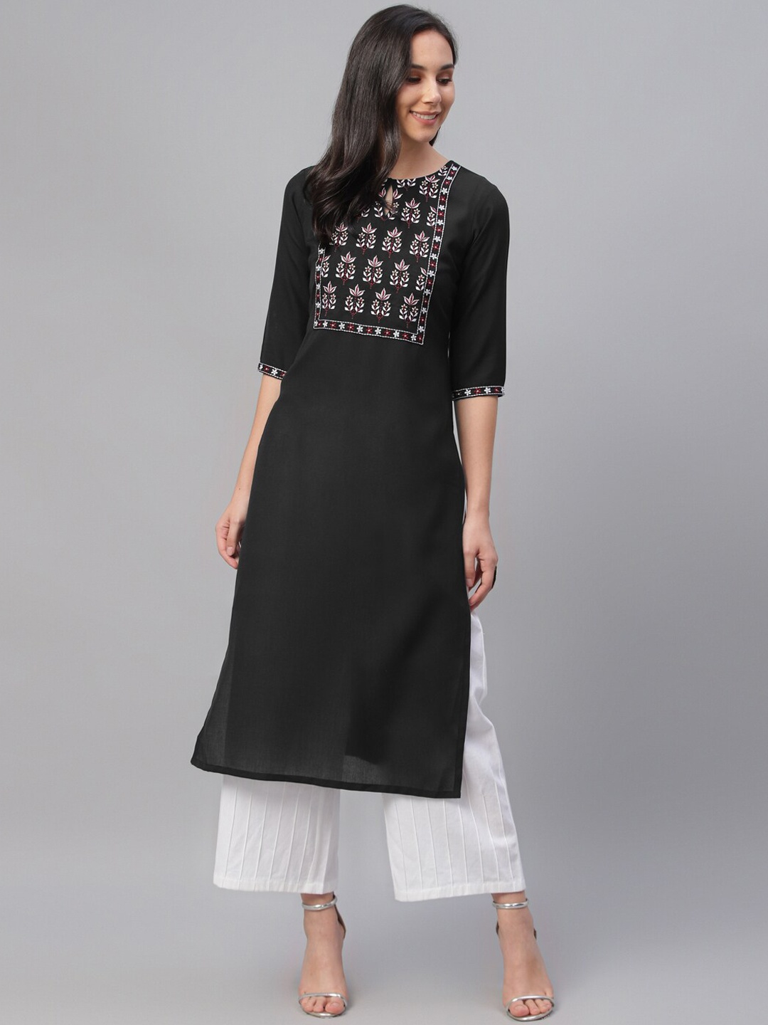 

Libas Women Black & White Yoke Design Straight Kurta