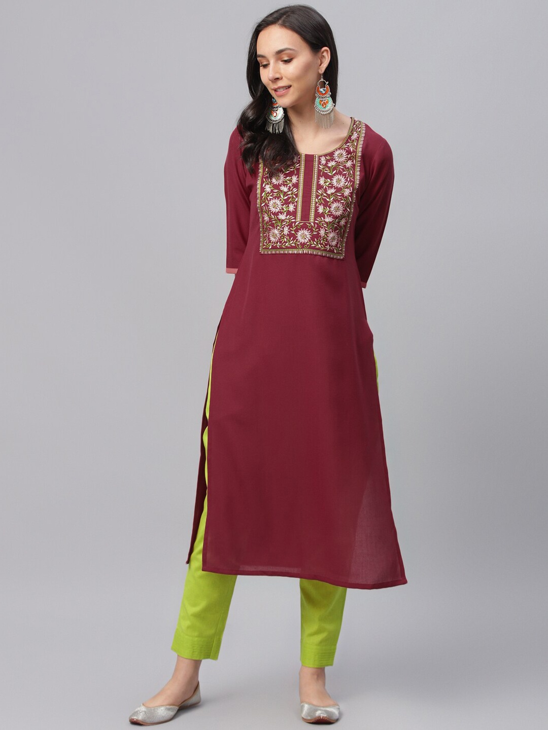 

Libas Women Maroon Yoke Design Straight Kurta