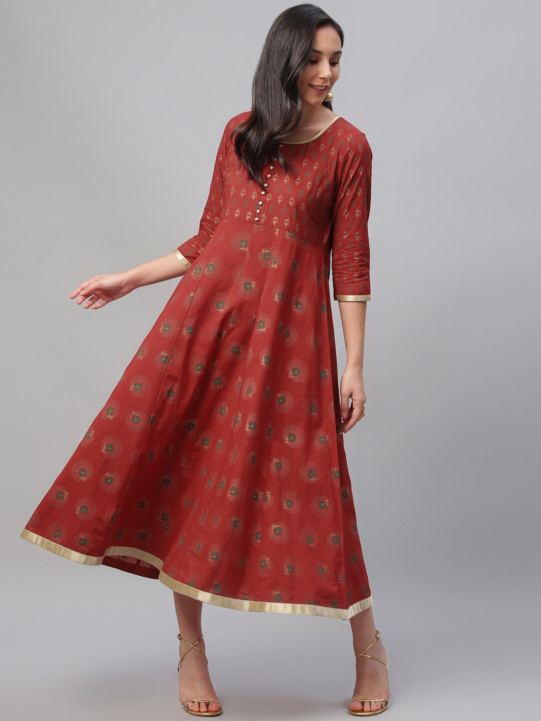 

Libas Women Red & Gold-Coloured Printed A-Line Dress