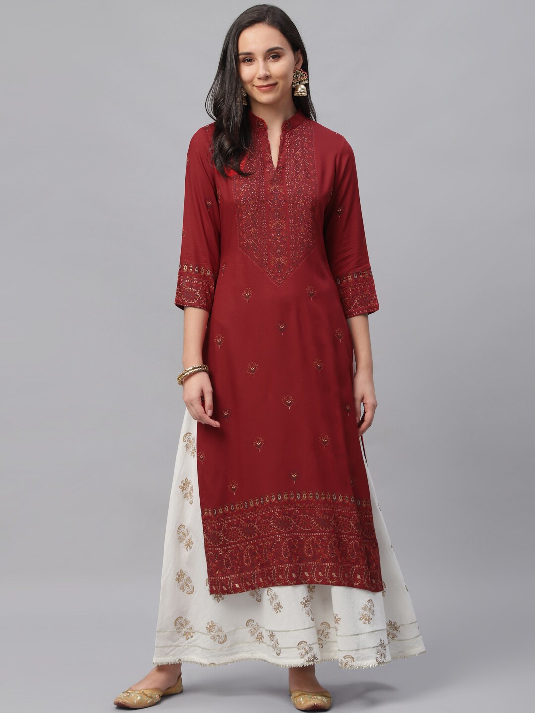 

Libas Women Maroon Printed Straight Kurta