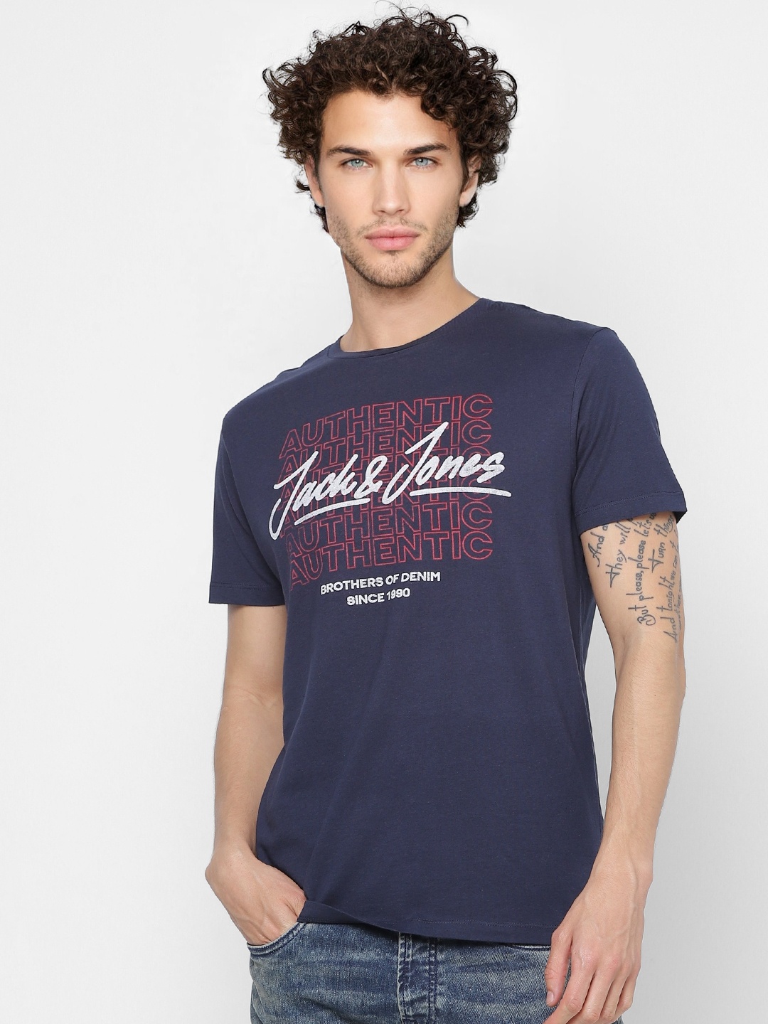 

Jack Jones Men Navy Blue Red Brand Logo Printed Round Neck Pure Cotton T-shirt
