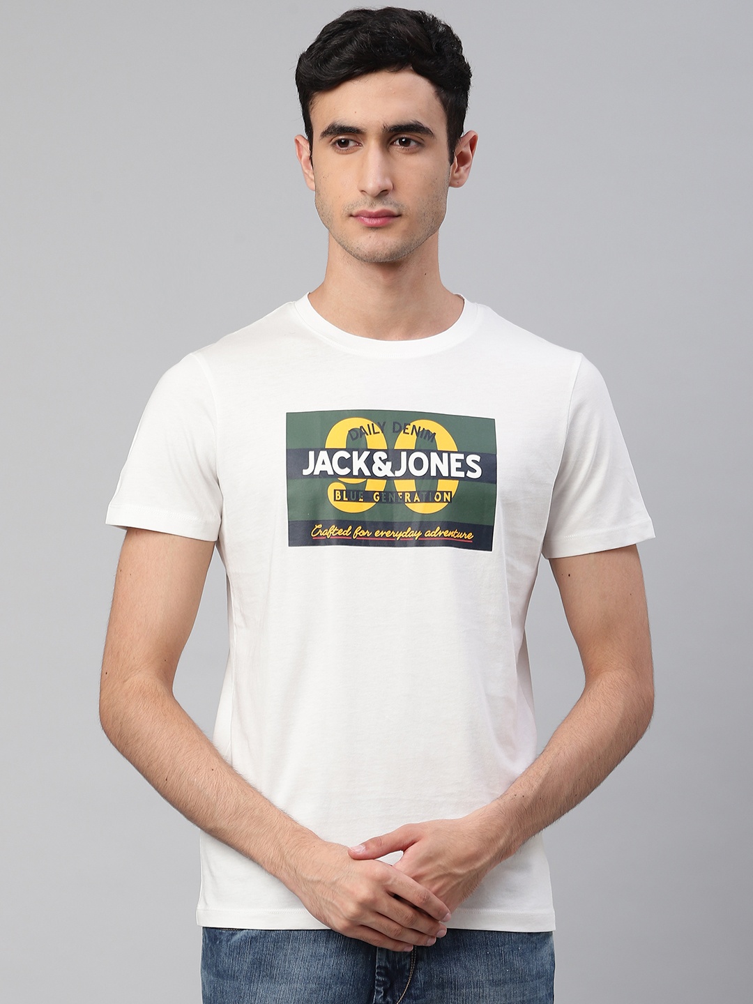 

Jack Jones Men White Green Brand Logo Print Round Neck Pure Cotton T-shirt