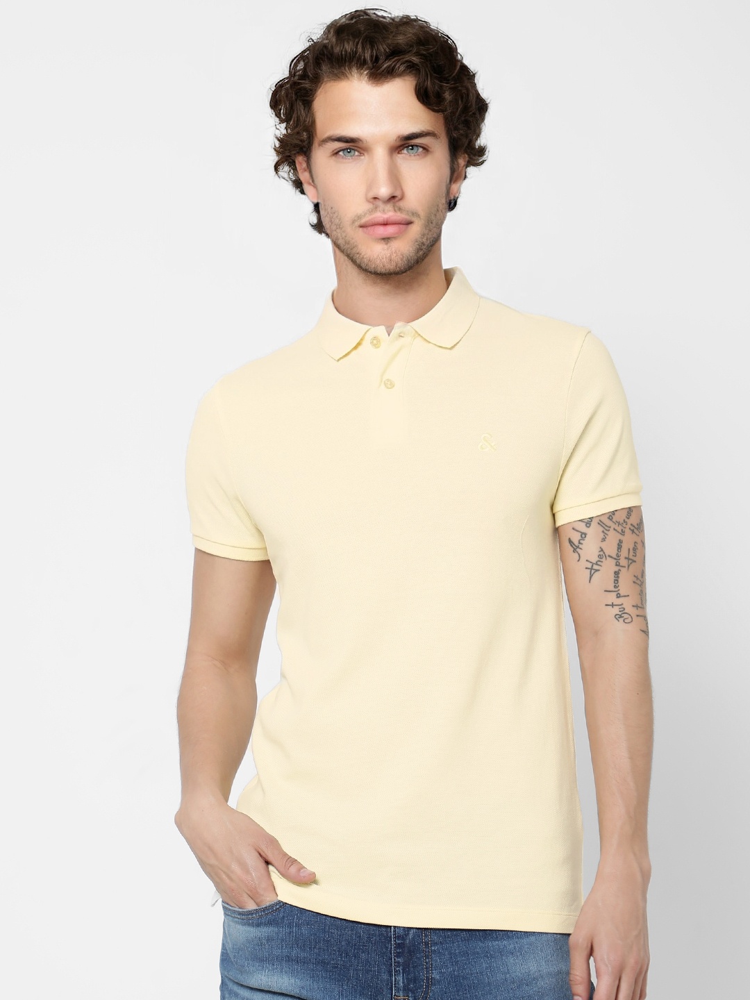 

Jack Jones Men Yellow Solid Polo Collar Pure Cotton T-shirt