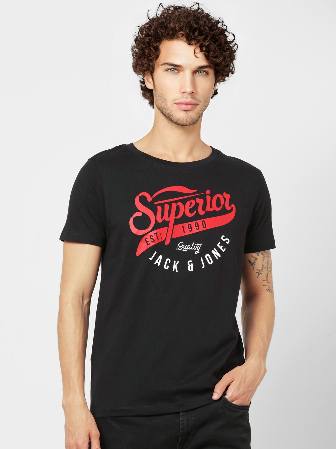 

Jack & Jones Men Black & Red Printed Round Neck T-shirt